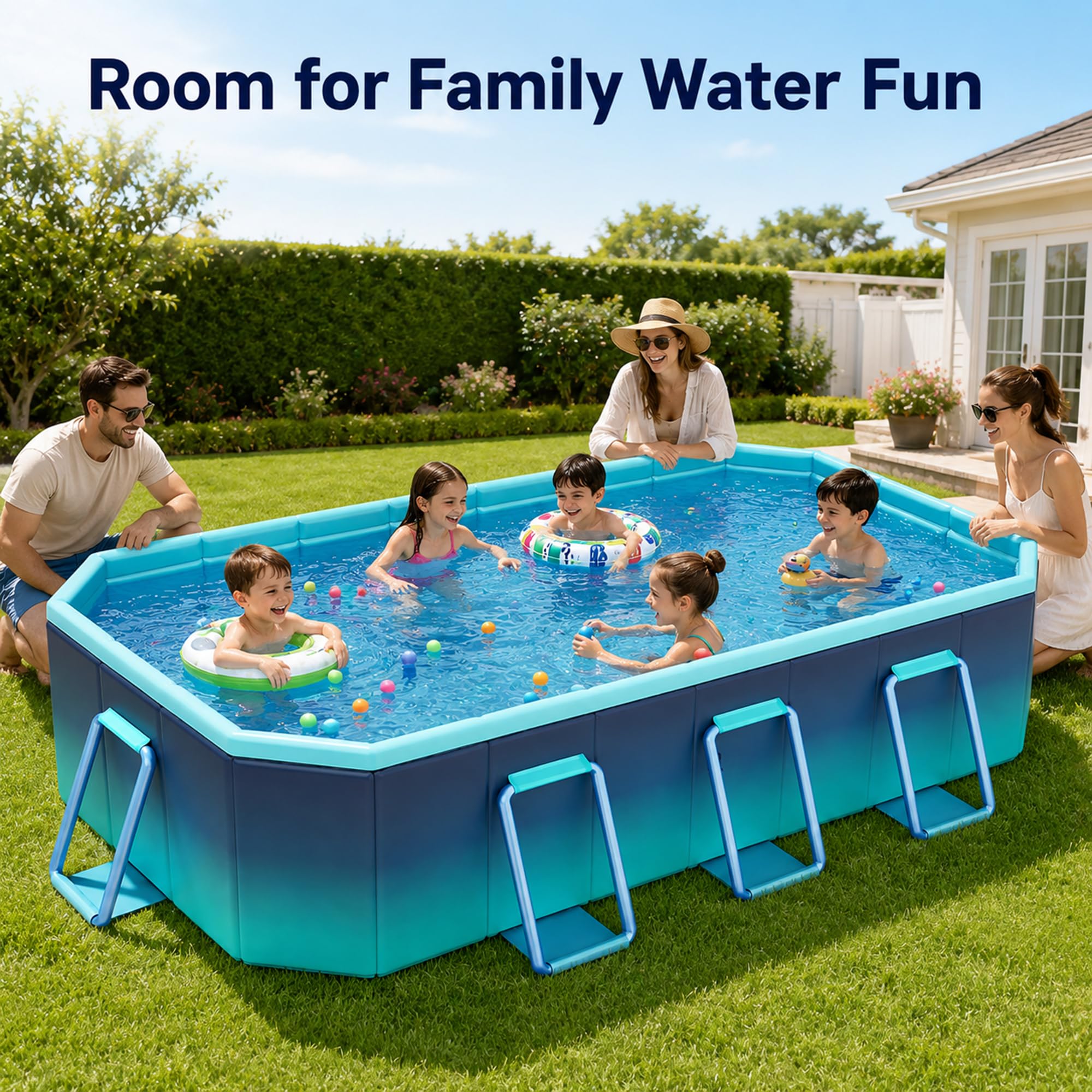 Grande Piscina Rettangolare Pieghevole Fuori Terra Non Gonfiabile | Supporti Laterali Rinforzati per Bambini e Adulti, Ripiegabile e Compatta(62.9in/160cm)