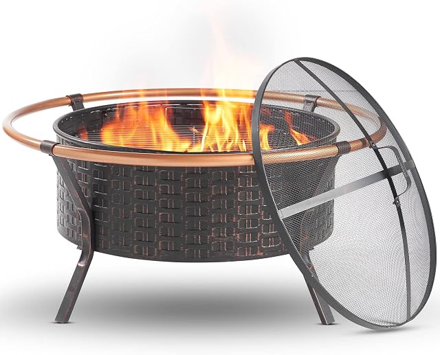 VonHaus Fire Pit Bowl  Copper Rim Firepit with BBQ Grill Function, Spark Guard & Poker  Outdoor, Garden, Patio Heater/Burner for Wood & Charcoal  Round Shape  Steel Material  Brushed Finish