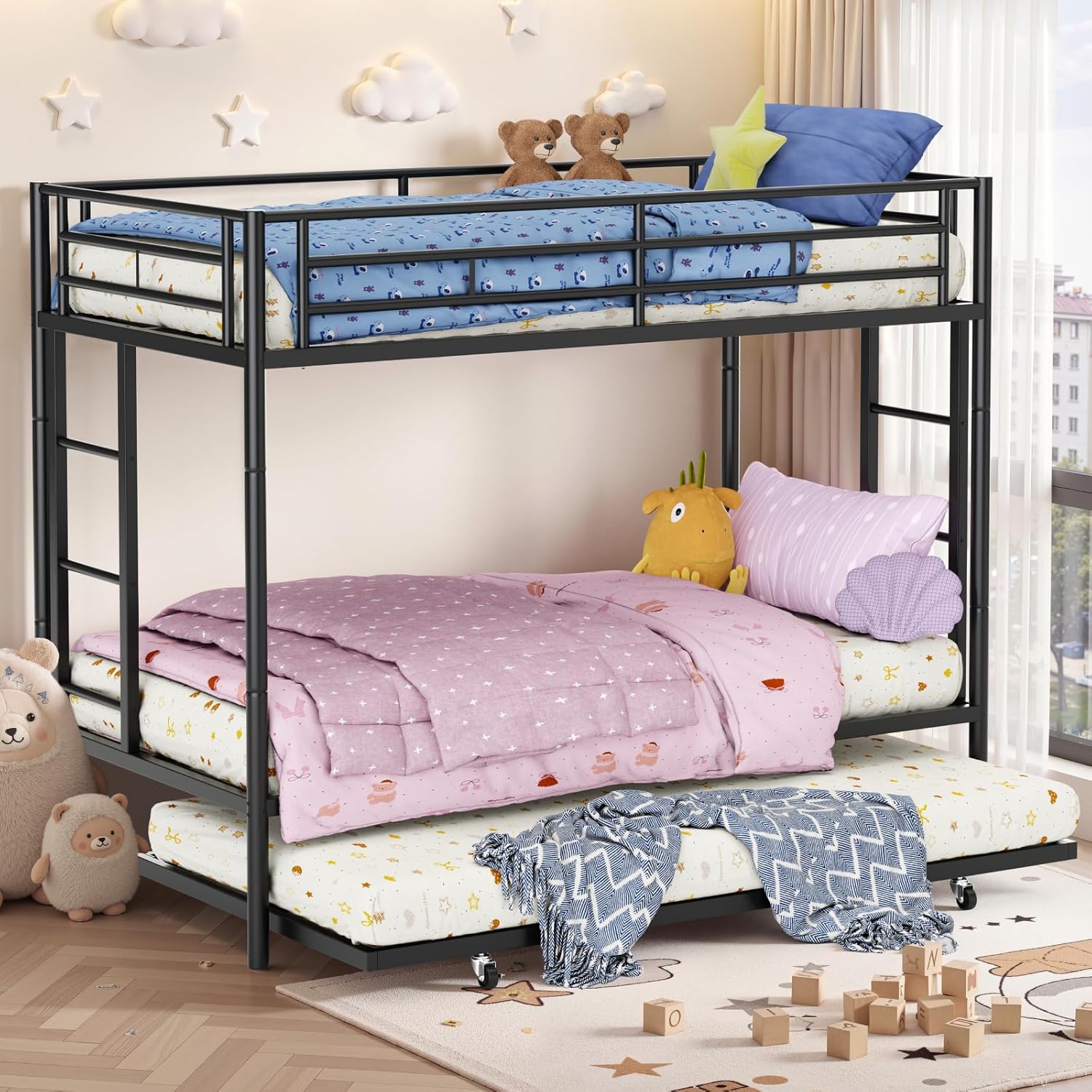 Nuturelly Metal Bunk Bed Twin Over Twin with Trundle, Heavy Duty Steel Frame Bunk Bed Frame with Safety Guardrails & Ladder, Space Saving 3 Beds for Kids, Teens, Dorm, Black