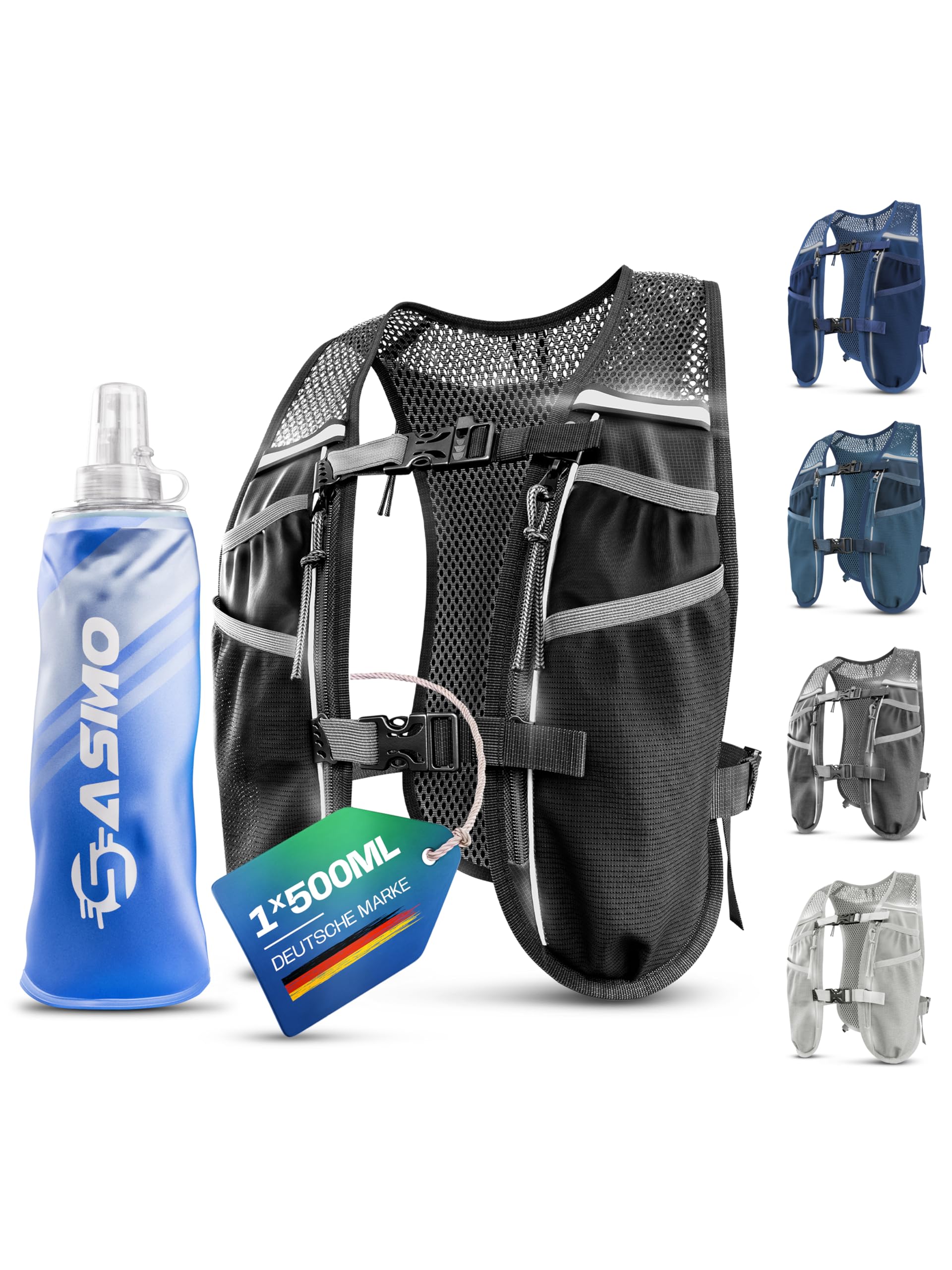 SASMO® Laufweste Damen & Herren 5L / 2L | Running Vest - Ultraleicht & atmungsaktiv| Laufrucksack Damen - 8 Taschen | Laufweste Herren | Trinkweste Laufen