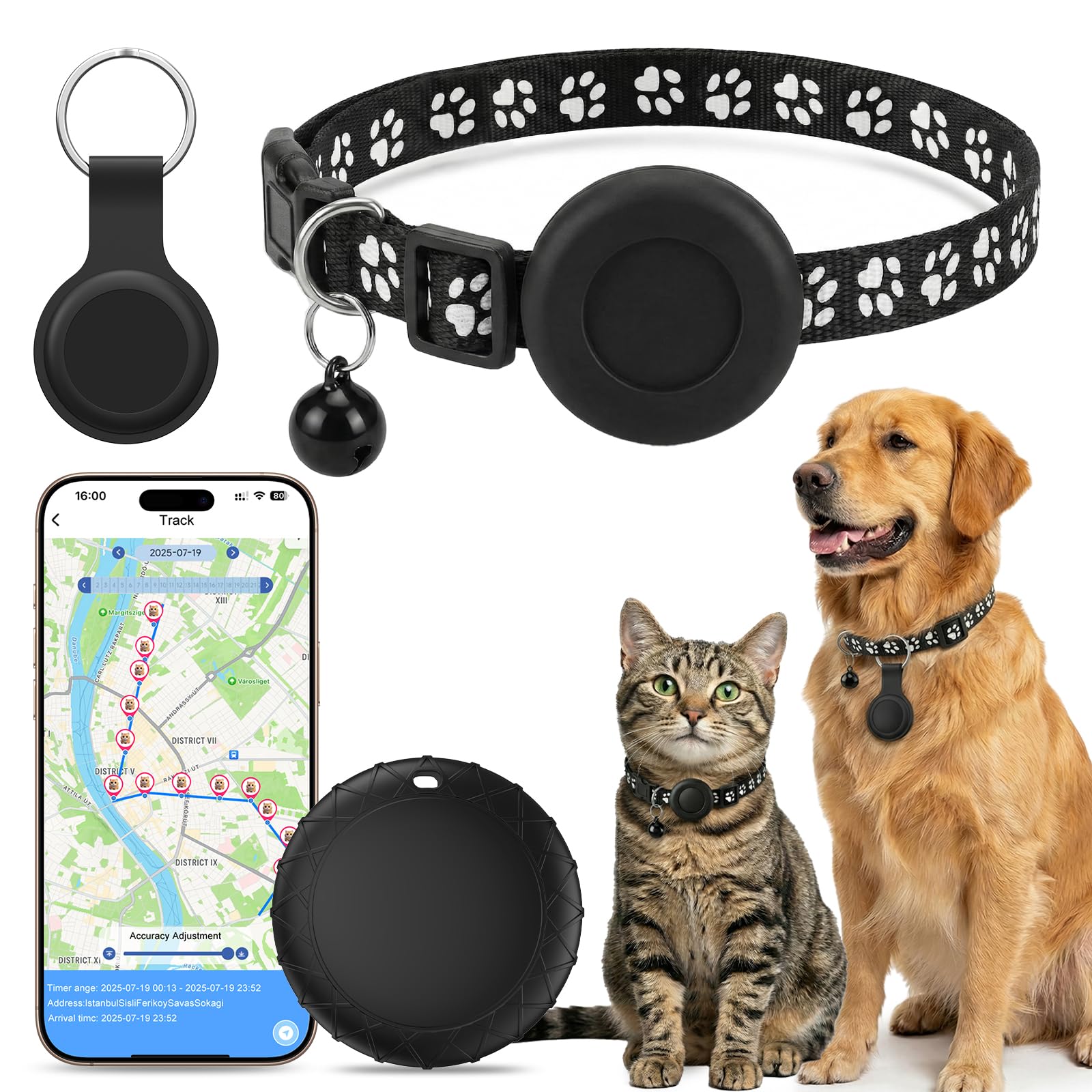 GPS Cats, GPS Locator Dogs, Global Real Time Positioning, GPS Dogs/Cats Without Subscription, Compatible with iOS and Android Systems, Adjustable Collar, IPX6 Waterproof - Black