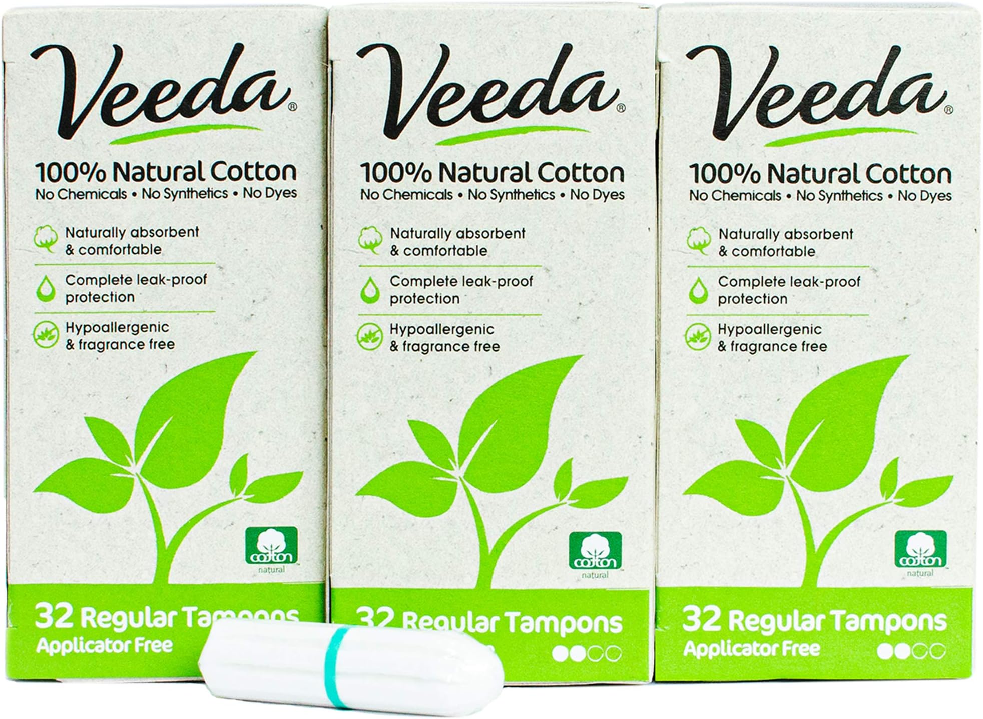 Veeda Naturalena Brands UK Limited 100% Natural Cotton Applicator Free Regular Tampons, Chlorine And Toxin Free, Unscented, 96 count