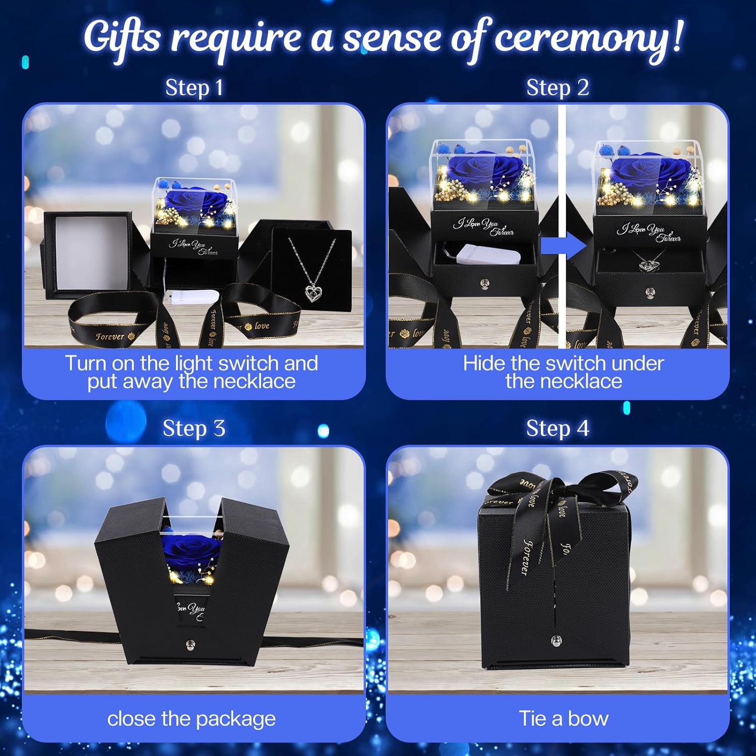 Preserved Blue Real Rose Flowers in Box with I Love You in 100 Languages Necklace - Unique Gift for Women Mom Wife Girlfriend on Mother's Day Valentine's Day, Birthday, Christmas - Image 6