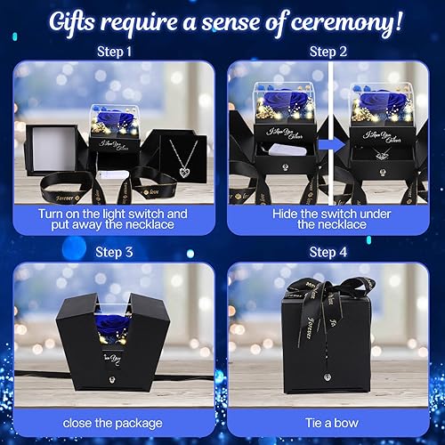 Miniatura 6 de Flores de rosas reales azules preservadas en caja con collar "I Love You en 100 idiomas", regalo único para mujeres, mamá, esposa, novia en el día