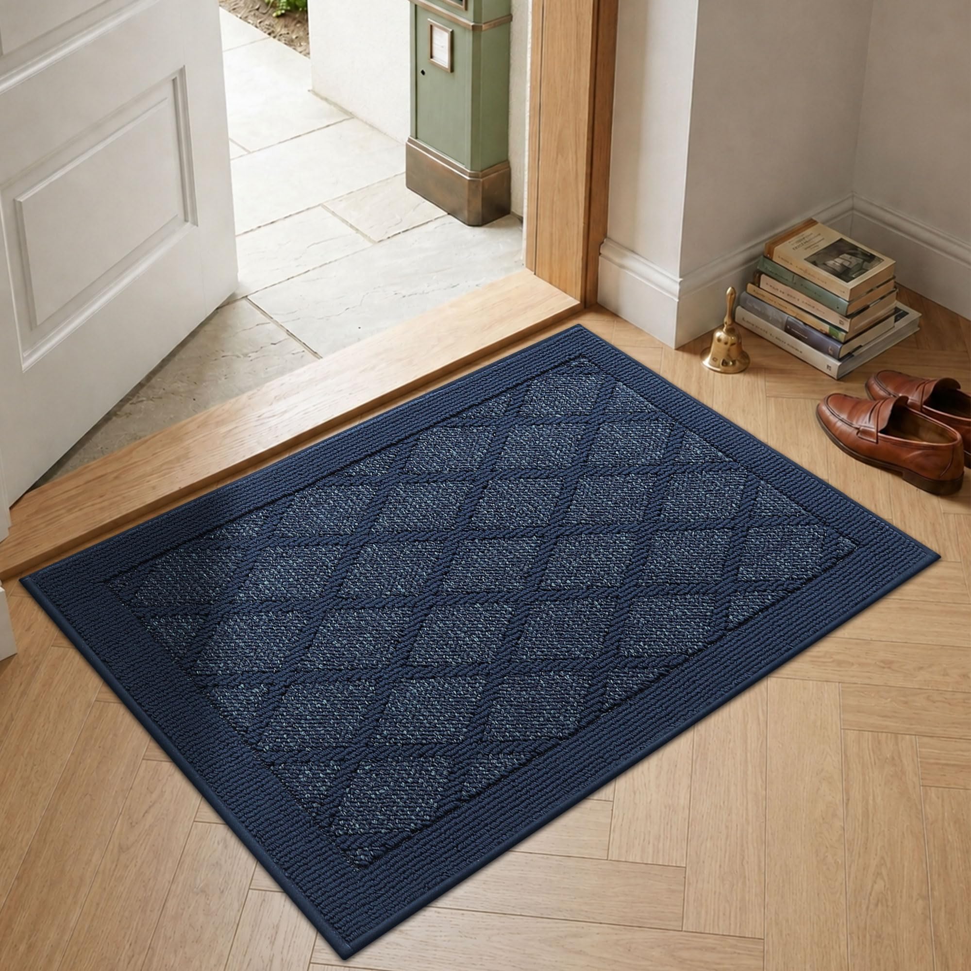 COSY HOMEER Indoor Door Mat Non Slip Floor Rug, Absorbent Dirt Trapper Door Matts, Machine Washable Floor Mat for Inside Hallway Kitchen Entrance,1cm Low Profile, Crease-Free Rolled, 60x90 cm, Blue