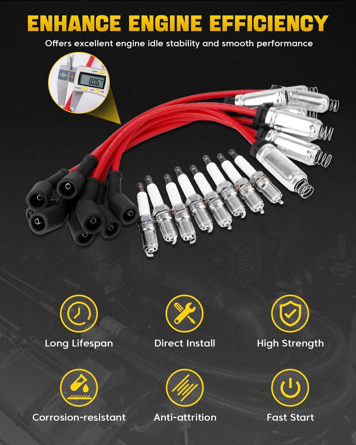 41-962 Spark Plugs & 9748HH Spark Plug Wires Compatible with Chevy Avalanche Silverado 1500 Suburban Tahoe, GMC Sierra 1500 Yukon, Cadillac Escalade, Hummer H2 5.3L 6.0L V8, Replace# 88862122 19299585