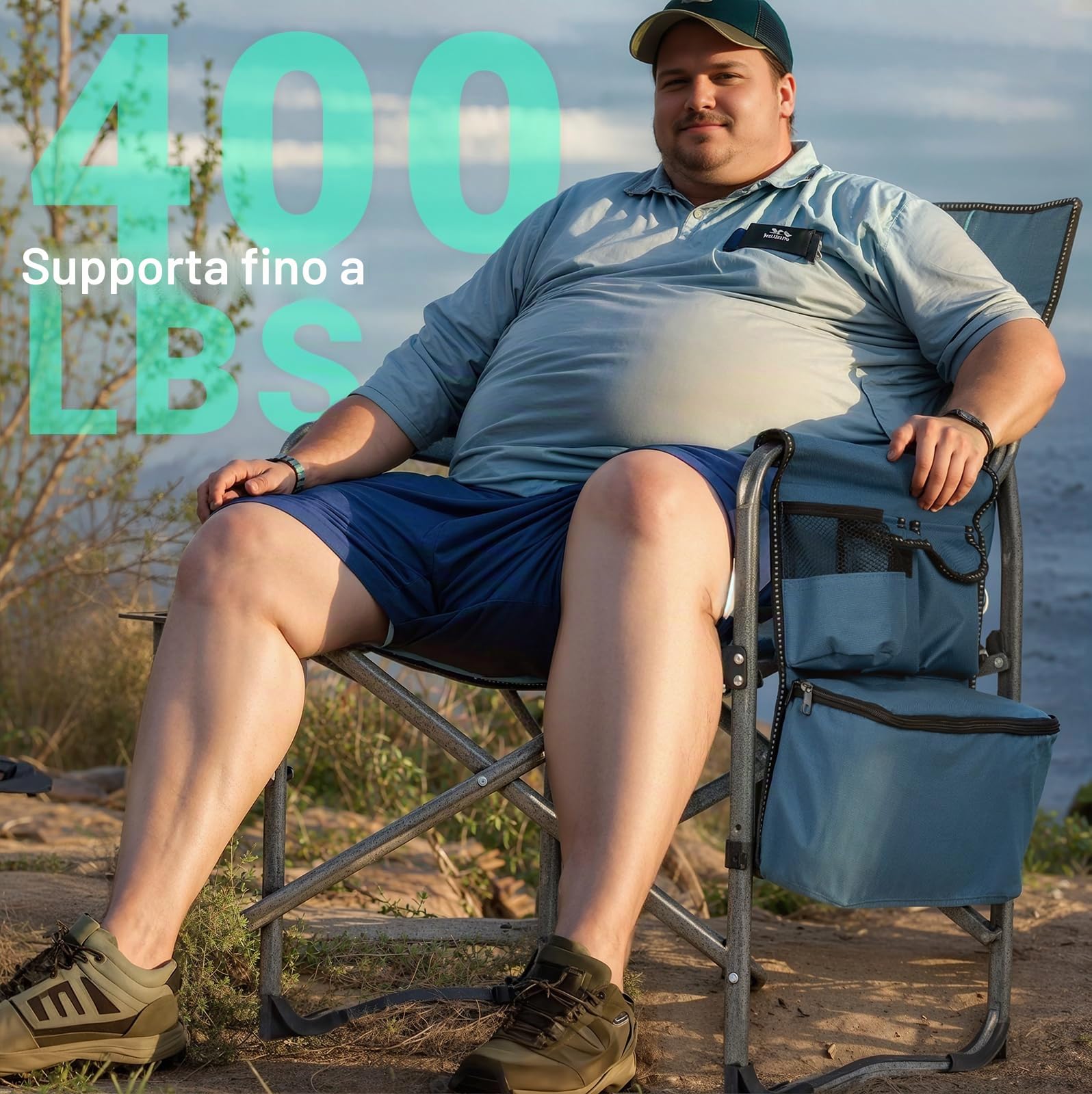 OVERMONT Sedia da Regista XL Pieghevole - Sedia da Campeggio con Tavolino Laterale Termica- Capacità di Carico Fino a 180 KG - per Campeggio Festival Della Pesca All'aperto Grigio-blu