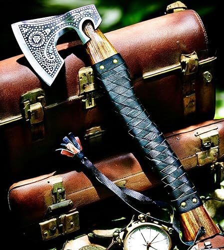 Vista 14 de AX-7001 regalo personalizado forjado acero de carbono vikingo hacha con el eje de madera de rosa, hacha de doble borde