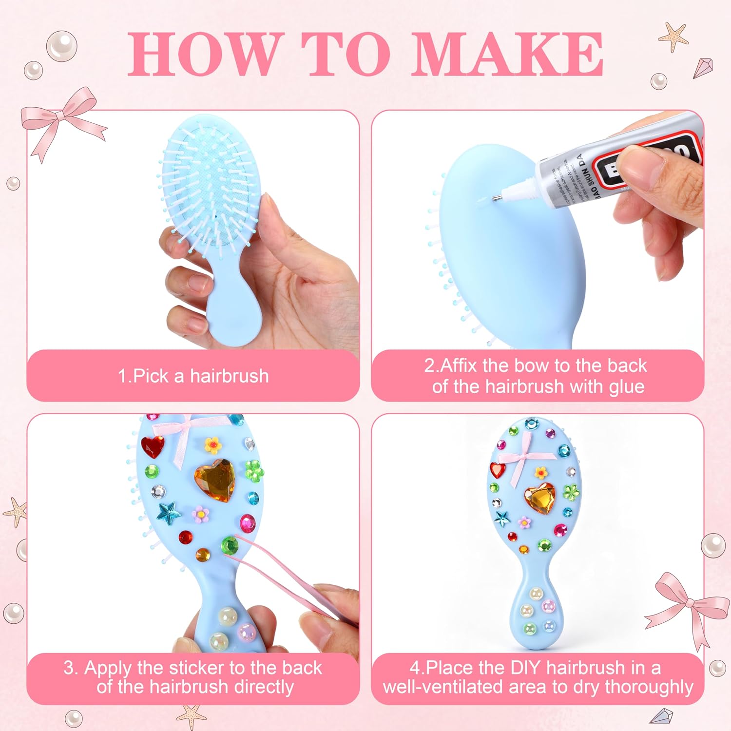 Meanplan 8 Pcs DIY Mini Hair Brush Decoring Kit Set with Gem Sticker Make Your Own Self Adhesive Rhinestones Resin Butterfly Heart Flower Colorful Ribbon Bows DIY Craft Kit for Women Gifts