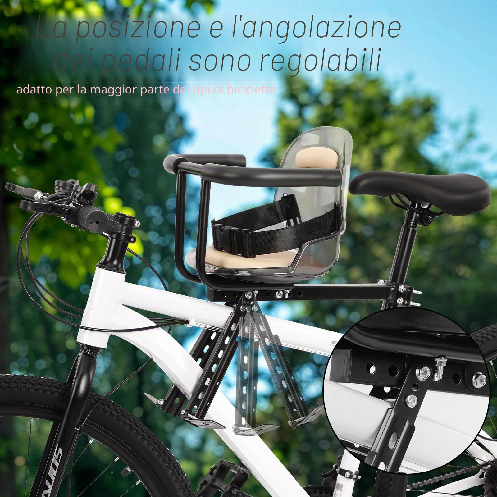 Seggiolino da Bici per Bambini, con Supporto Anteriore, con Cintura di Sicurezza e corrimano, Compatibile con Bici per Adulti