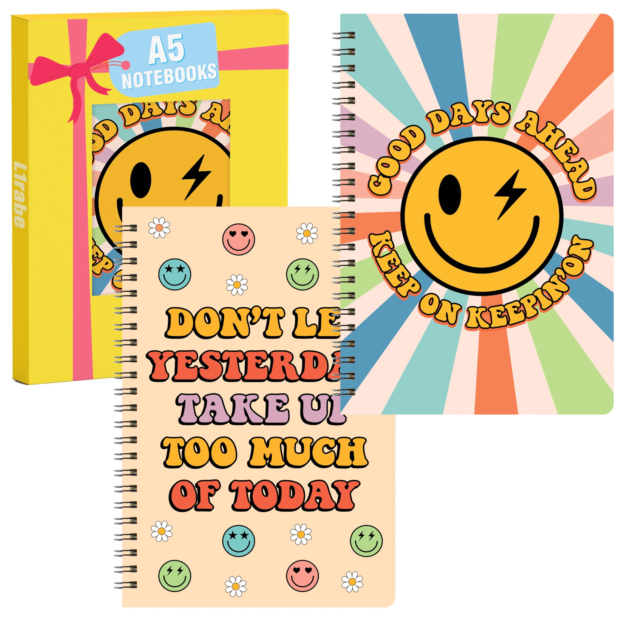 A1DIEE A5 Spiral Notepad Notebook - Preppy Smile Hardcover Wirebound Notebooks, Inspirational Phrases Metallic Sidebound Journal, Lined Paper Project Notebook for Student Teacher (2pcs)