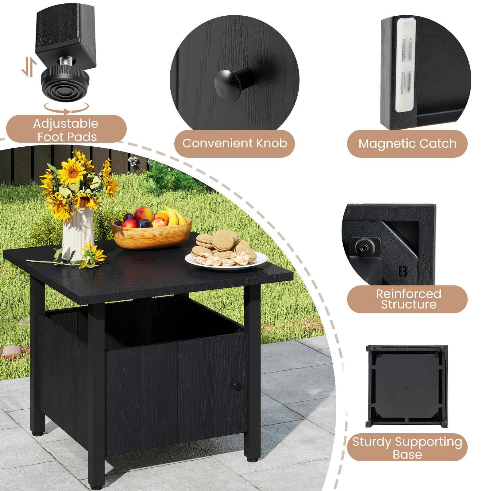 KOMFOTTEU Mesa de Jardín con Orificio para Sombrilla de Ø48 mm, Mesa de Café Rectangular con 2 Bolsas de Arena, Mesita Auxiliar Baja con Patas Ajustables, para Balcón, Patio, Negro