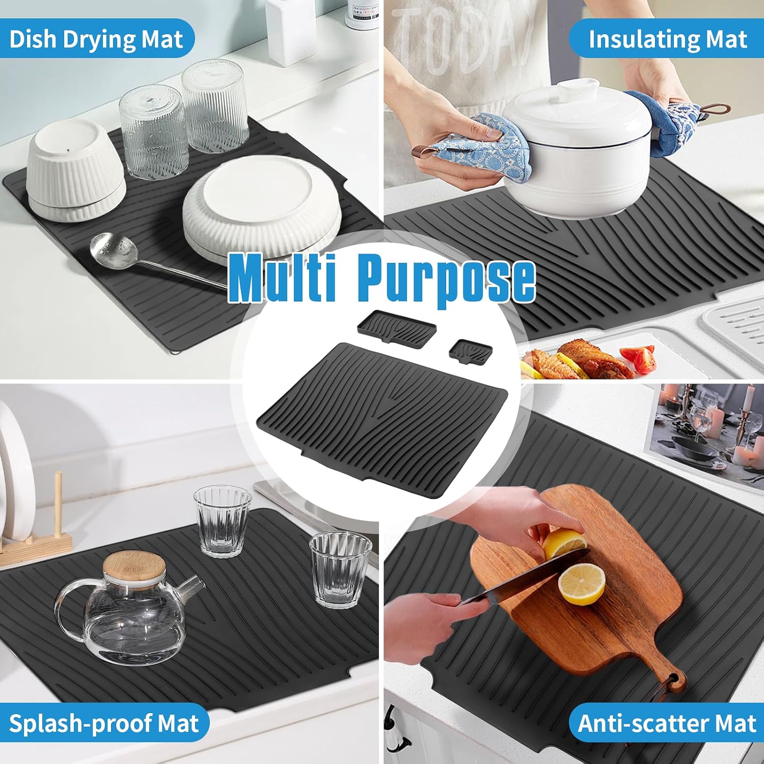 Silicone Dish Drying Mat for Kitchen Counter - Large & Small XL Drainer Mats Set with Lip, Fast Drying Rubber Dish Drain Mat (3, S&L&XL)