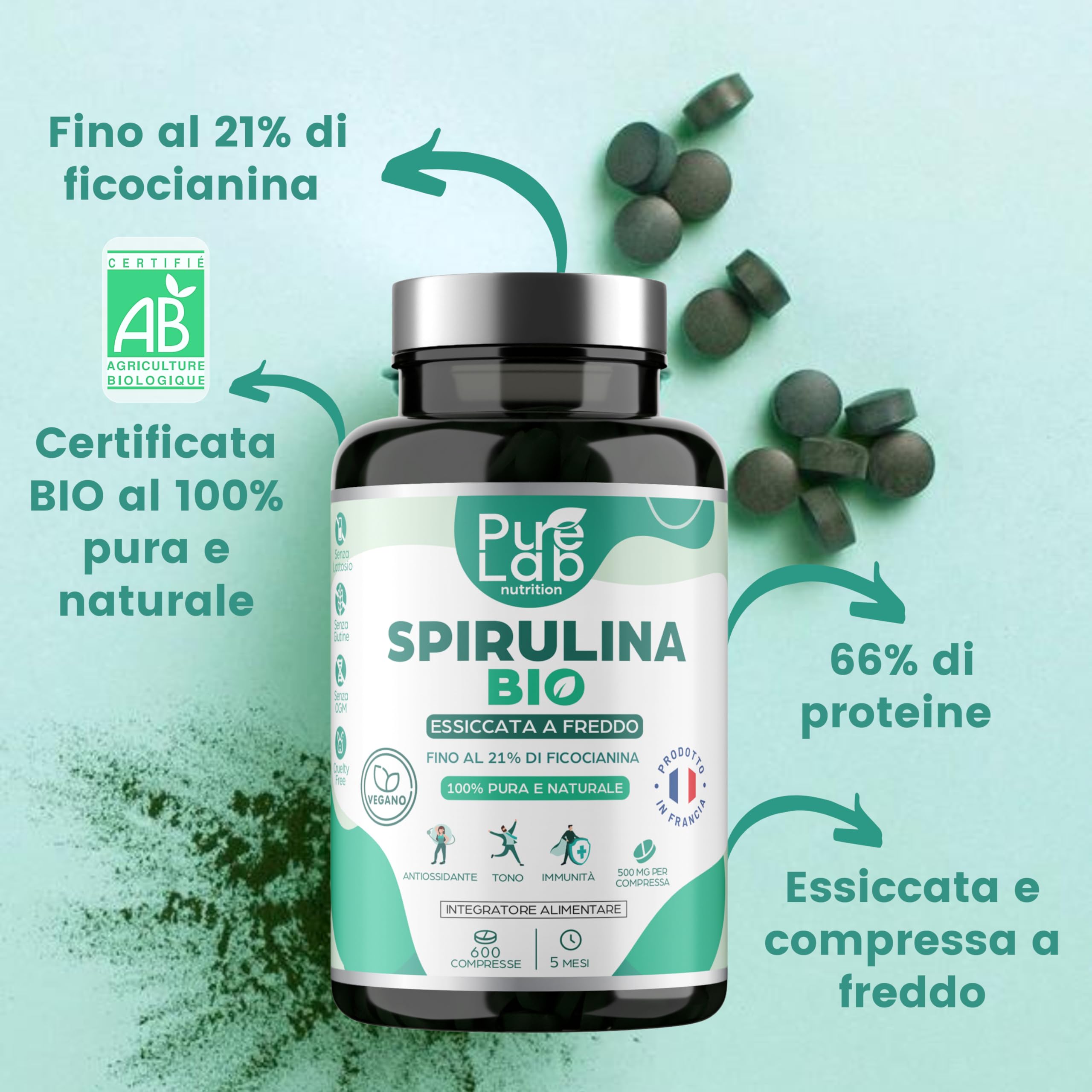 Spirulina Bio - 600 Compresse Vegan, Scorta di 5 Mesi - 21% Ficocianina, 66% Proteine - Essiccata a Freddo - Antiossidante, Energia, Immunità - Senza Eccipienti né Additivi - Prodotto in Francia