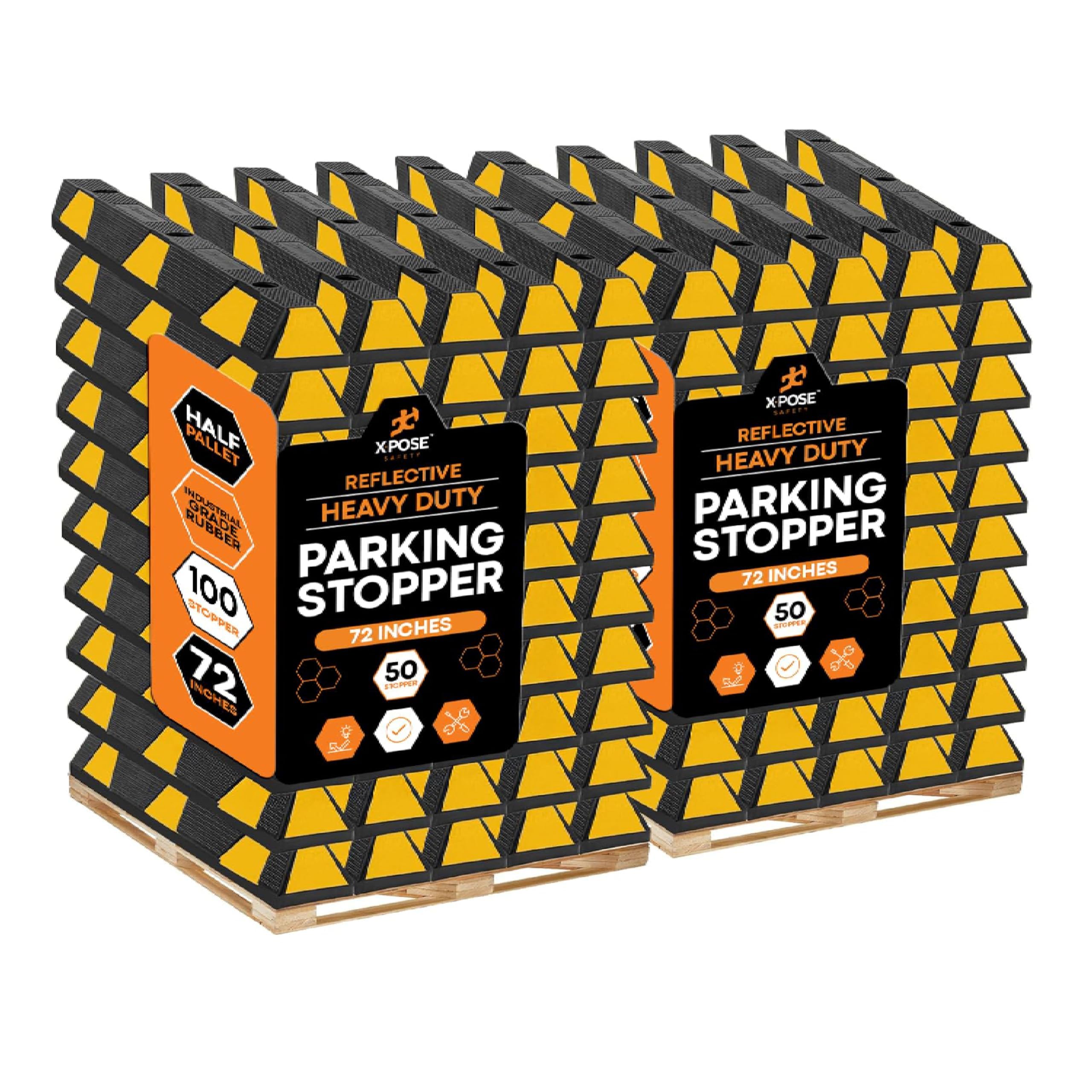 Xpose Safety 72" Heavy Duty Rubber Parking Stopper – Bulk 2 Full Pallets 100 Pack Wheel Blocks for Garage, Driveway, or Ramp – Car Bumper Stop with