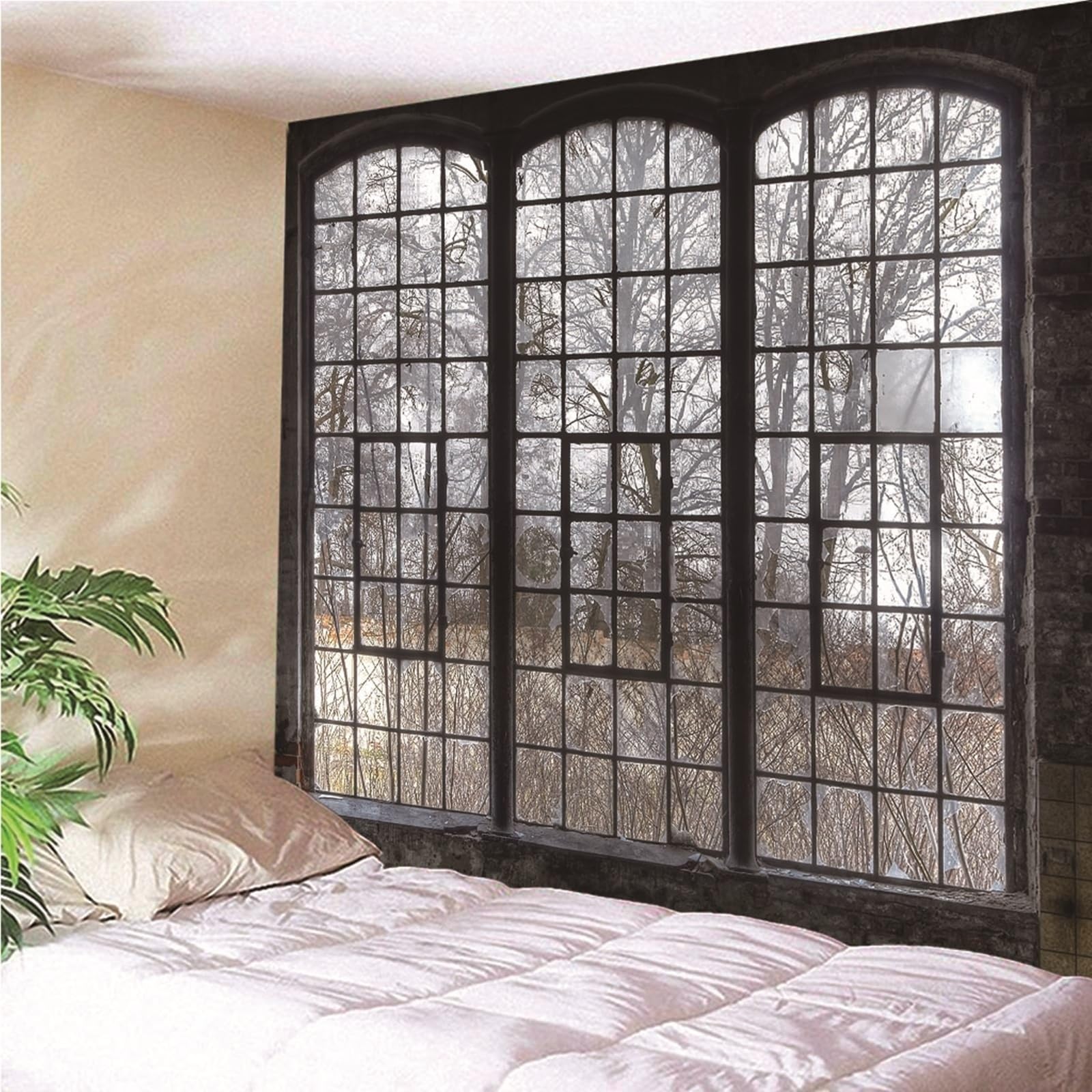 Lieson Wandteppich Fenster und Baum, Wandtuch Grau Wandbehang für Wohnzimmer Wohnheim Heimdekoration, 260x240CM