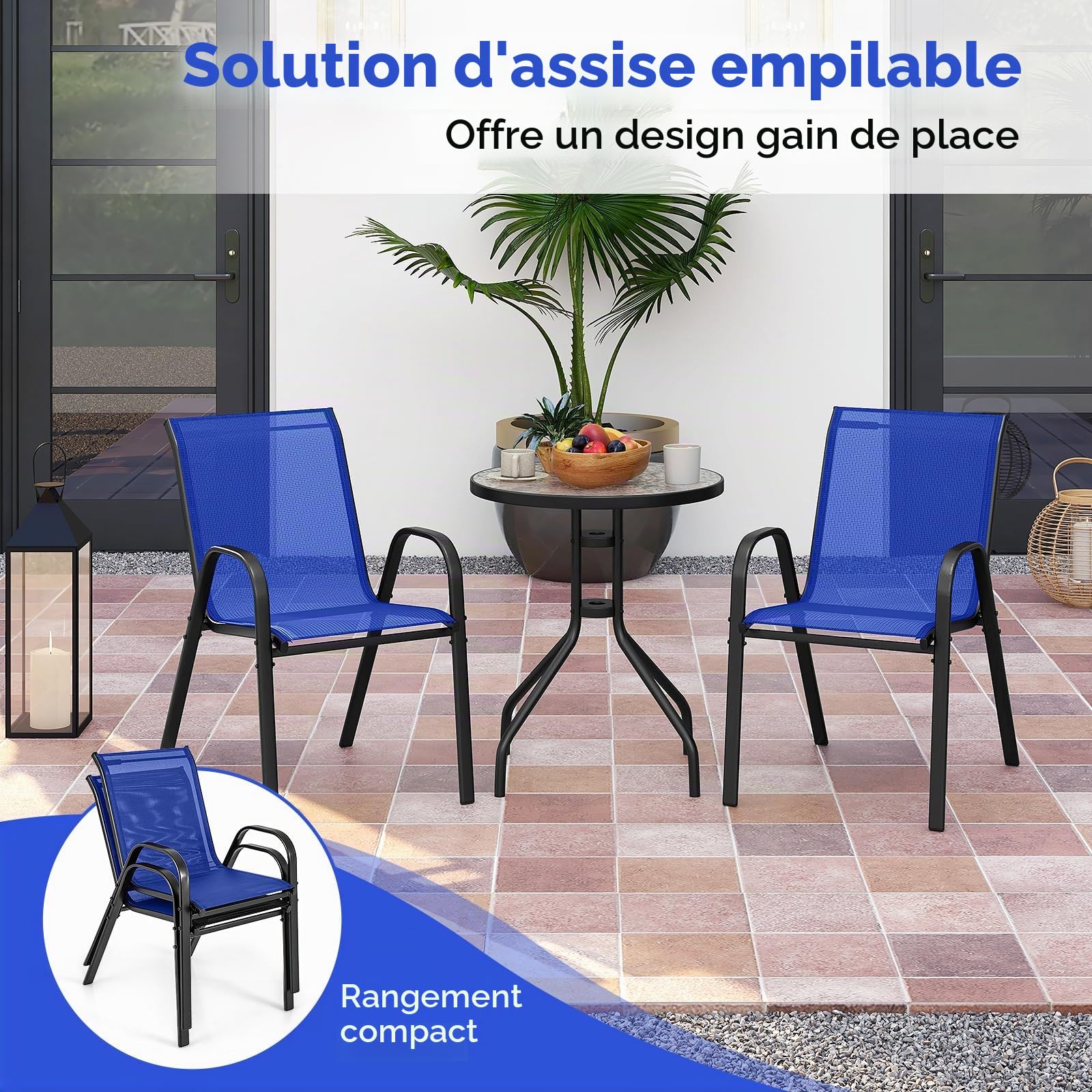 KOMFOTTEU Salon de Jardin 2 Personnes, 2 Fauteuils Tissu & 1 Table, Bleu