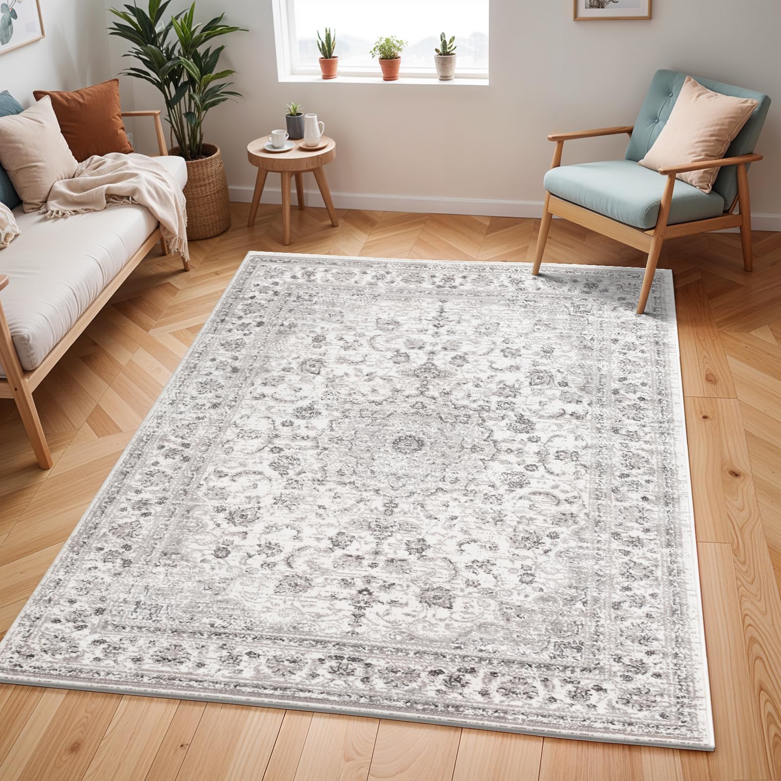 Livabliss Sanvi Hergla Vintage Style Floor Covering 160x220 cm – Scandi Neutral Traditional Pattern for Living Room, Hallway & Bedroom, Easy Care, Grey, Charcoal & White