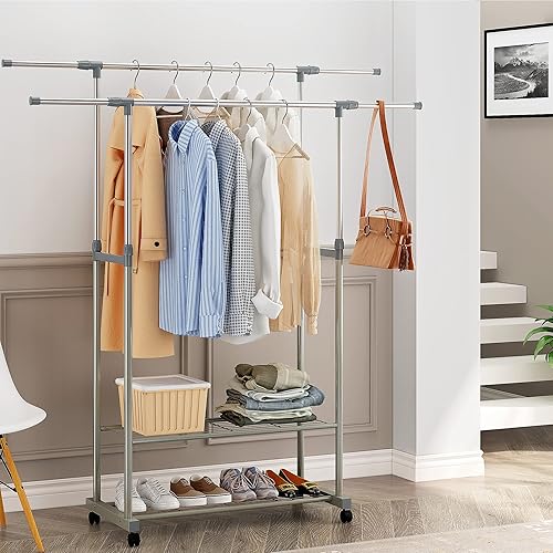 Miniatura 4 de HOME BI Perchero enrollable perchero ajustable estante de ropa con ruedas con estantes de tubería estante de metal portátil de doble barra para