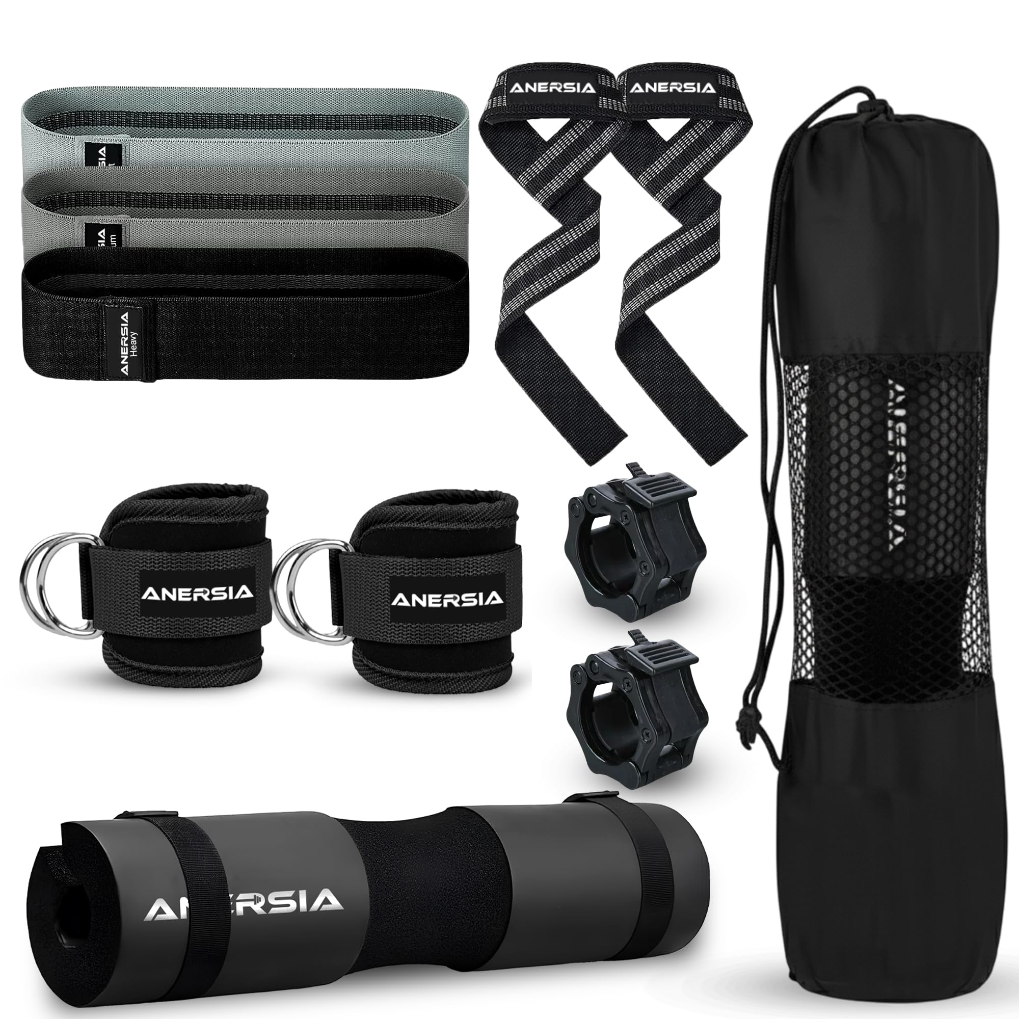 Juego de 11 almohadillas para pesas – Cojín para sentadillas para empujes de cadera, correas de levantamiento de pesas, bandas de resistencia y clips de barra – Kit de gimnasio para