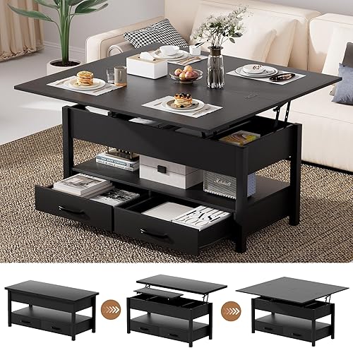 Miniatura 13 de Mesa de centro con tapa elevable de 39.4 pulgadas con estación de carga, mesa central con diseño de mármol brillante con compartimento de Blanco