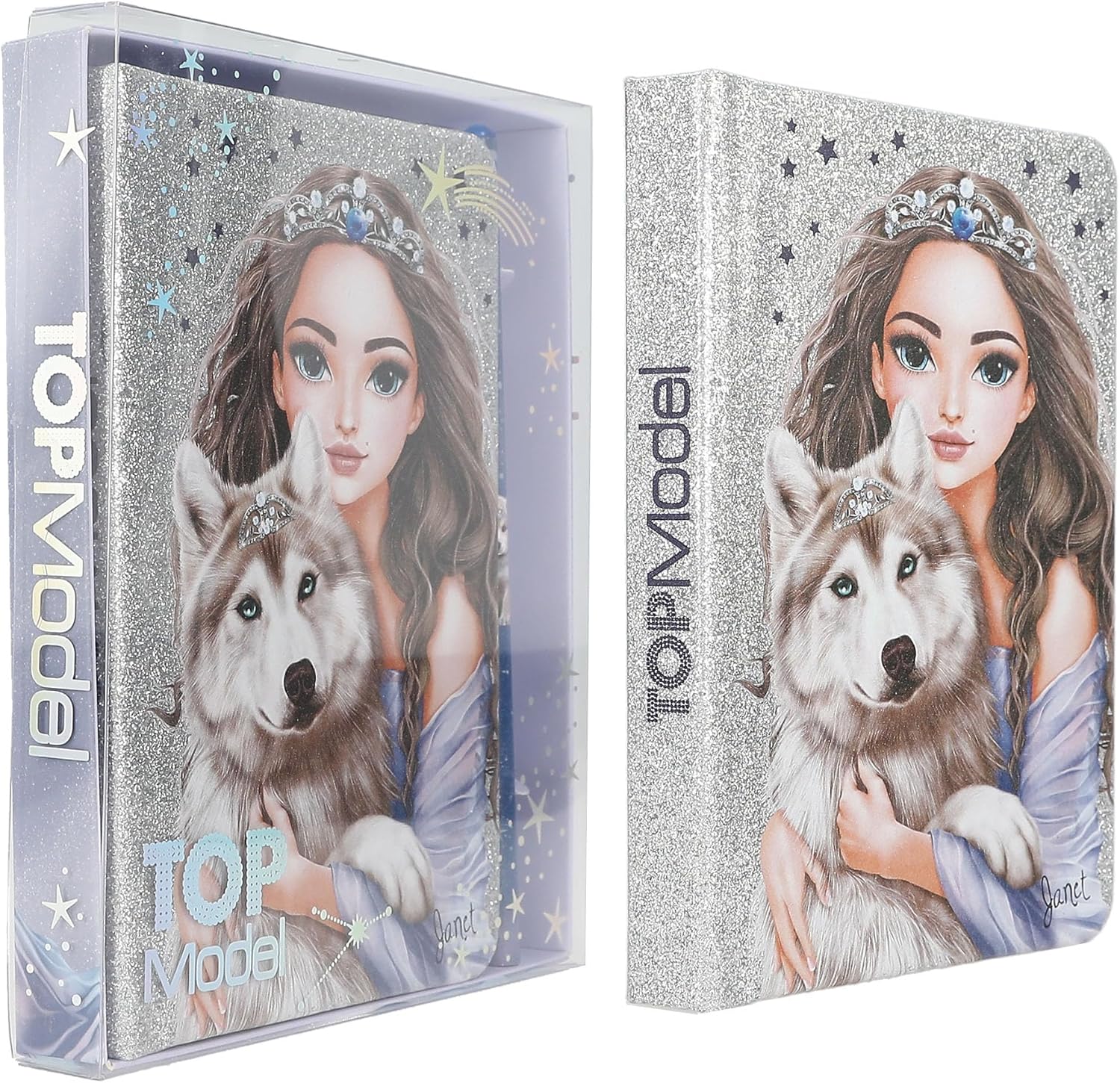 Depesche TOPModel Wolf 13176 Notebook in Glittering Silver and Blue with Wolf Motif, Stars and 160 Pages, Includes Pencil