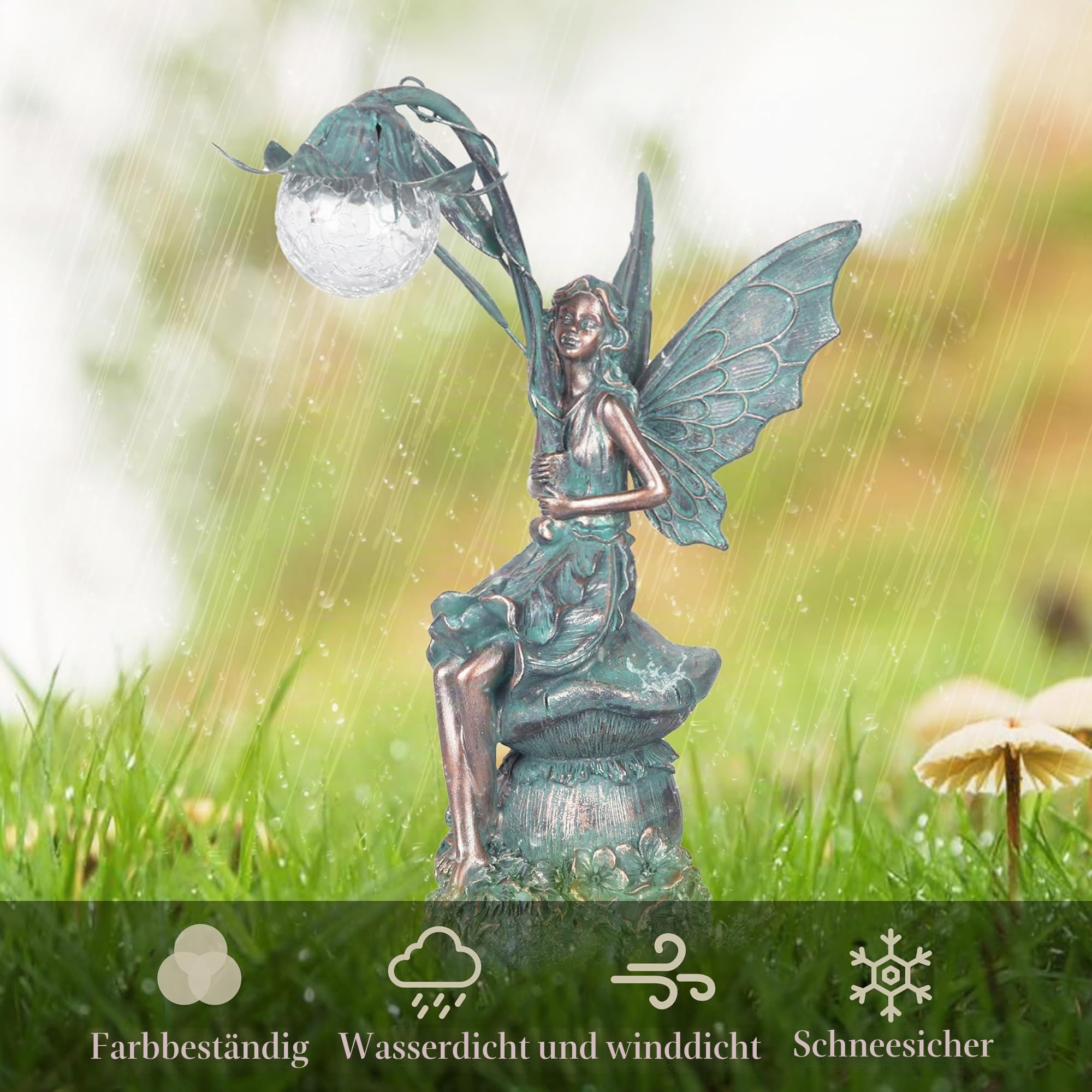 TERESA'S COLLECTIONS Gartendeko für draußen,35cm Bronze Sitzende Elfen mit Solar Glaskugeln Beleuchtung aus Polystein,groß Feen Statue Solar Fairy, Gartenfiguren Geschenk für Mama Vatertag