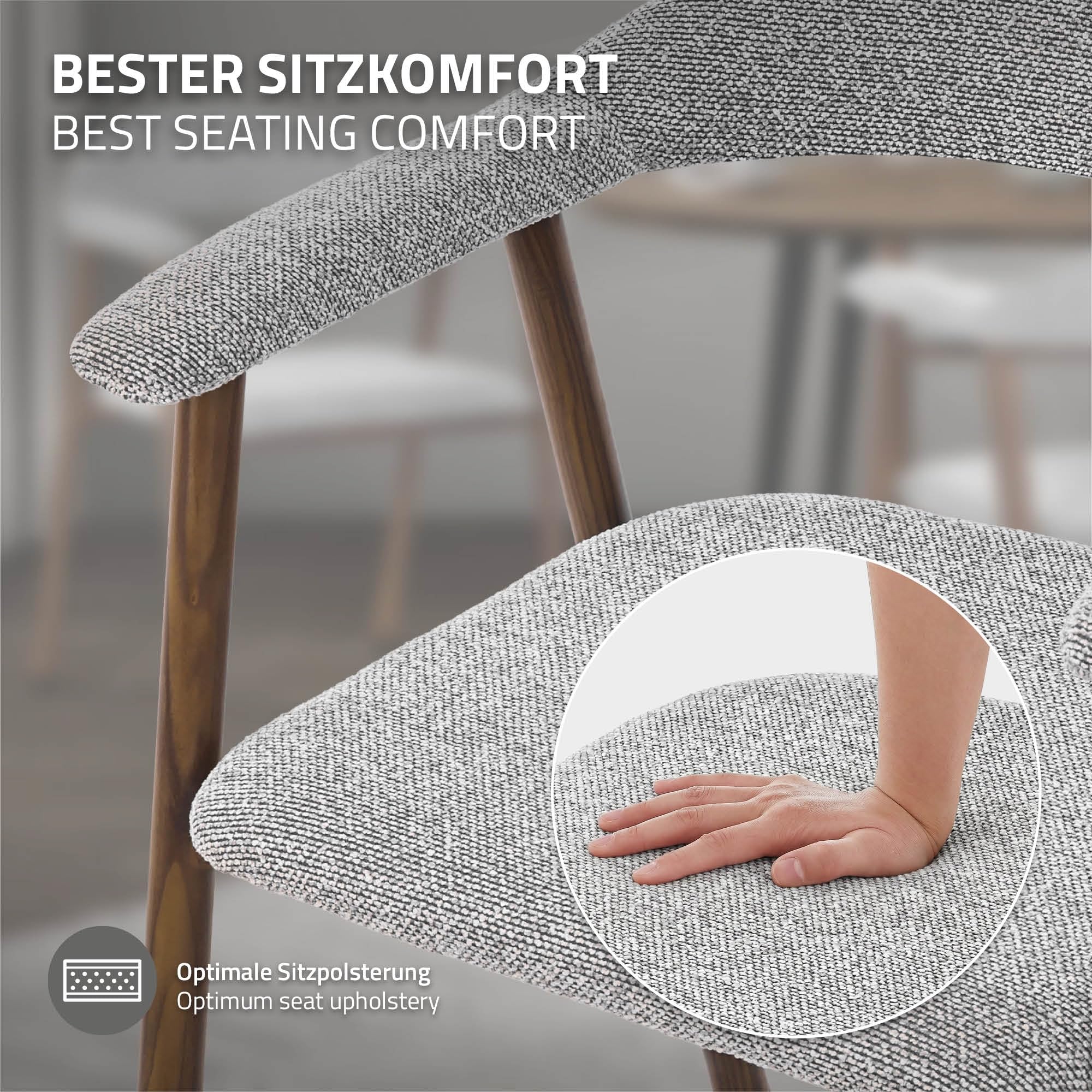 ML-Design Juego 4 Sillas de Comedor con Reposabrazos, Asientos de Cocina y Salón con Respaldo, Tapizado Tejido Gris y Estructura de Acero con Aspecto Madera, Sillones Ergonómicos Modernos