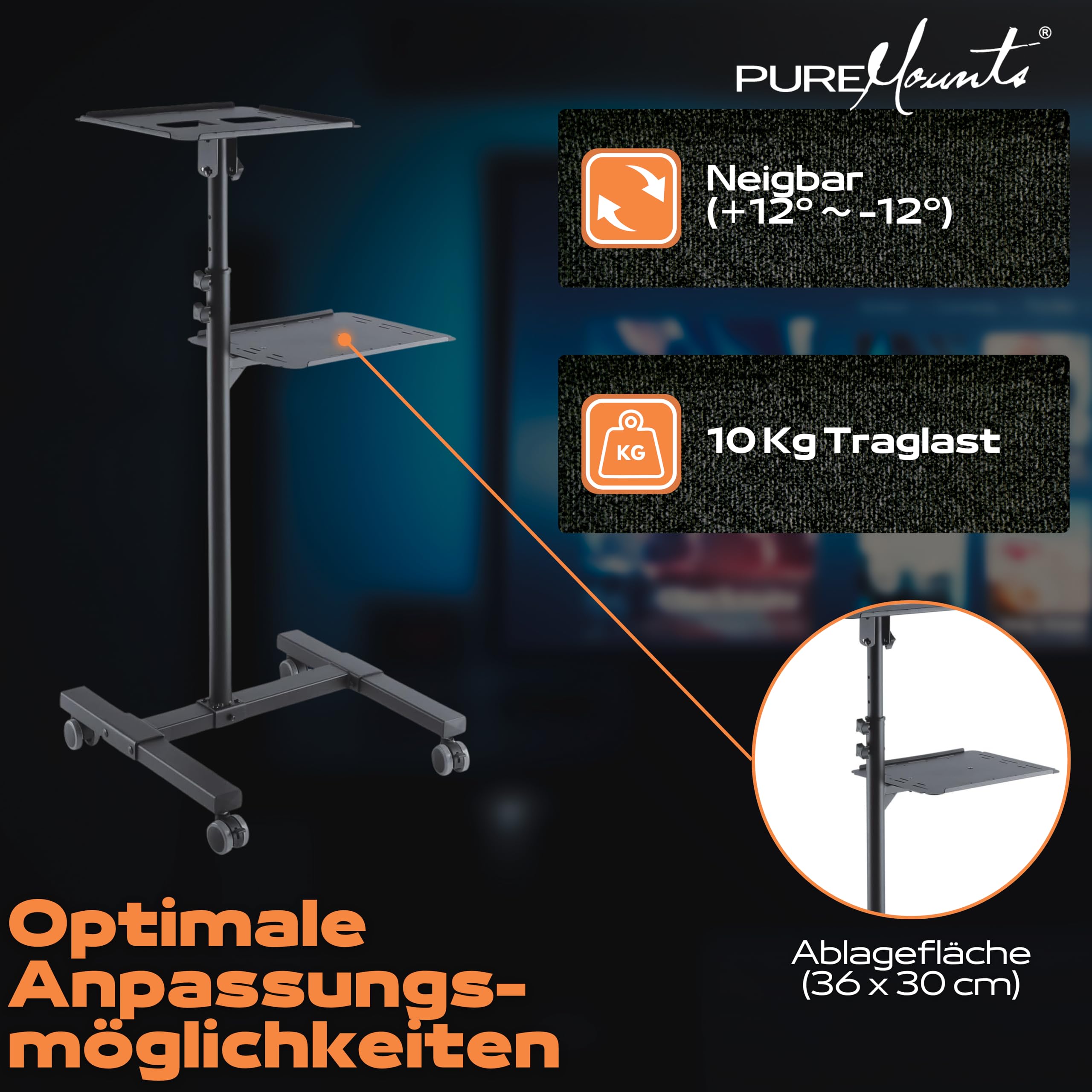 PureMounts PM-PCART-10 Chariot de Projection inclinable réglable 950-1450 mm, roulettes verrouillables, charge 10 kg, Noir