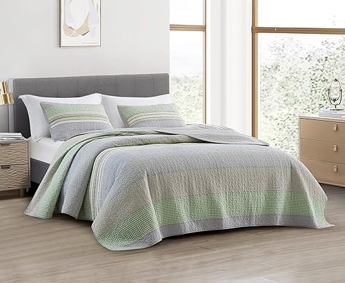 Vista 60 de Chezmoi Collection Samuel Juego de colcha con relleno de cuadros gris pardo, blanco y azul marino, 3 piezas, retales, algodón prelavado, ligero