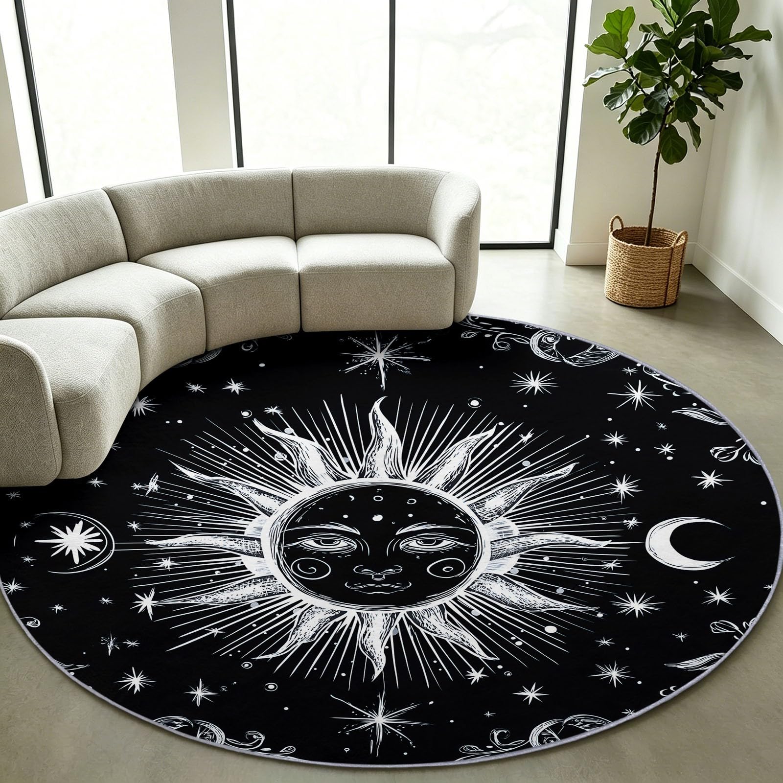 Générique Tapis Rond pour Garçons Filles Boho Céleste Étoiles Lune, 200 cm Tapis de Sol Doux Décoration Antidérapant pour Salon Chambre Cuisine Balcon Terrasse Salle à Manger Intérieur Extérieur