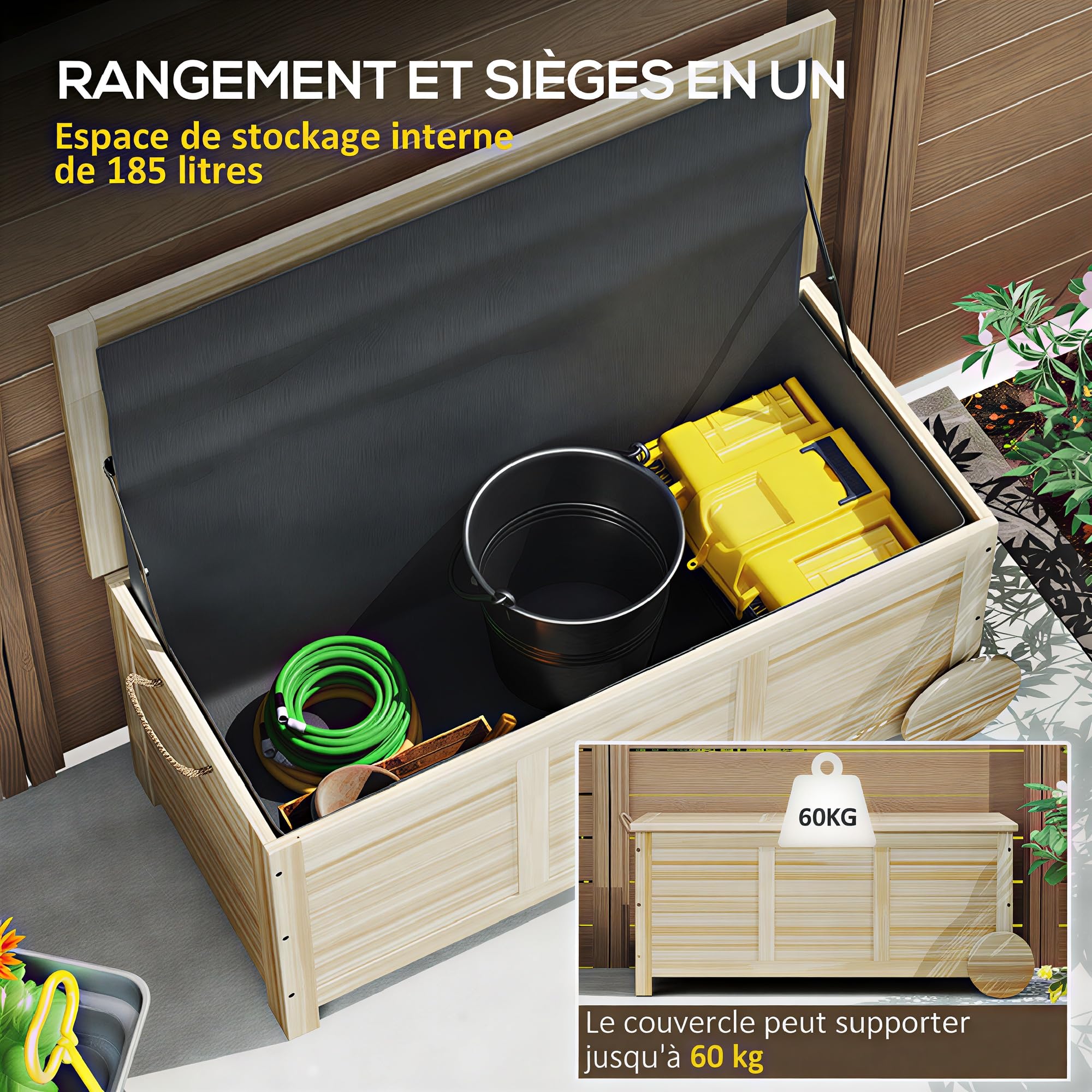 Outsunny Coffre de Rangement Extérieur en Bois Naturel 110 x 50 x 50 cm | 185L, Avec Roulettes, Bâche Intérieure Imperméable, Malle de Rangement