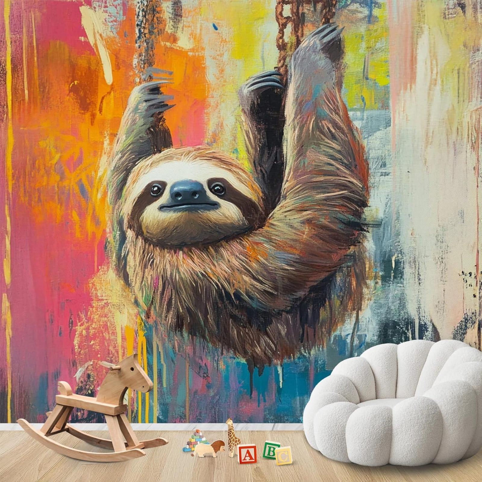 hgjdjhnf Photo Wallpaper Sloth Street Art Wallpaper Colourful Animal Motif Non-Woven ModernWallpaper Living Room Bedroom Children's RoomDecoration Motif Wallpaper,350cmx256cmSticker - Backgro