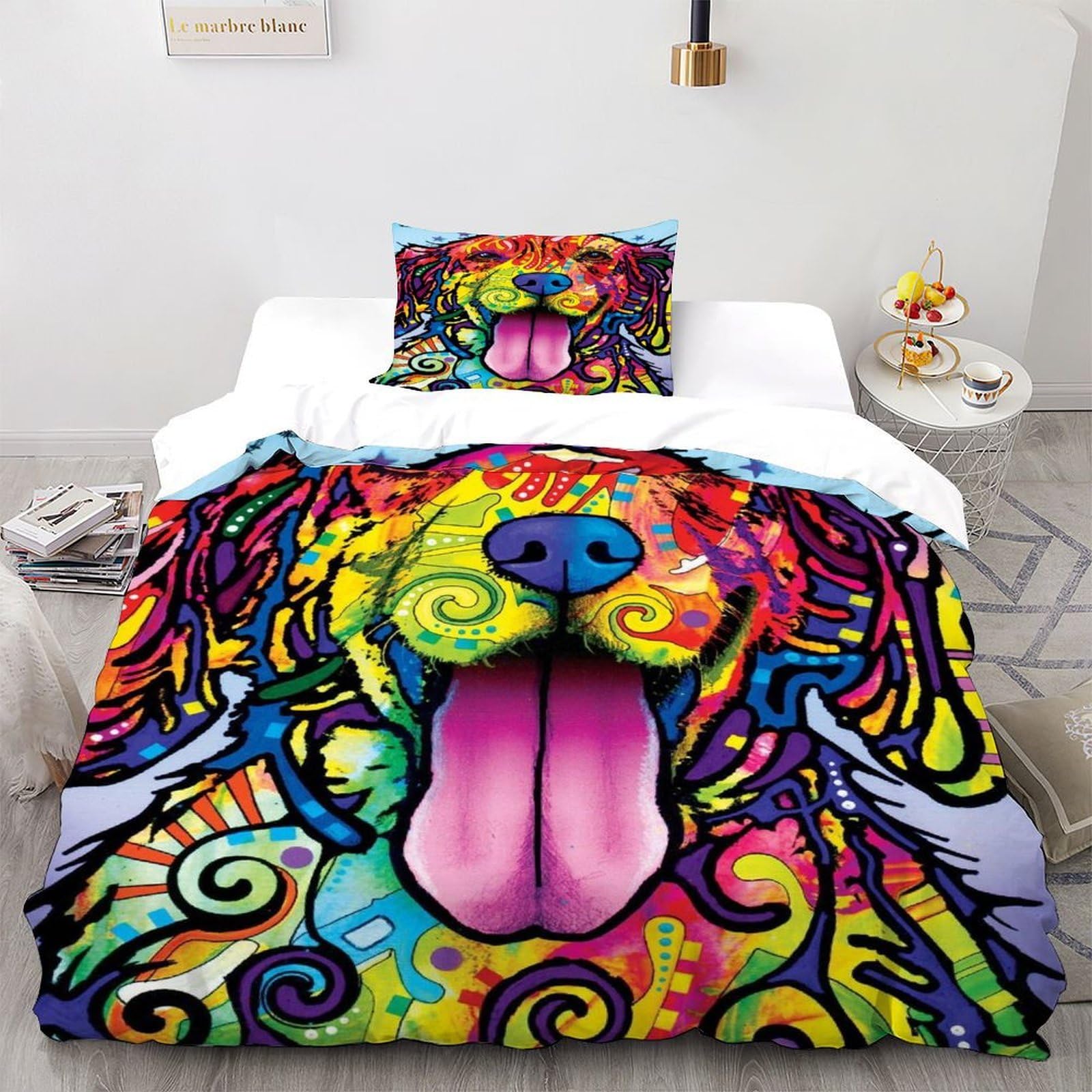 Housse de couette chien amoureux microfibre sans repassage pour lit ado facile à laver