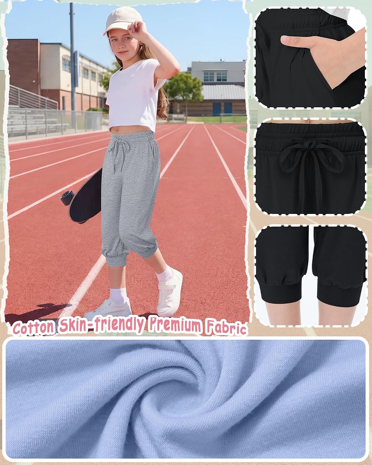3 Pack Girls Capris with Drawstring Pocket, Summer Lightweight Capri Back to School Clothes for Teen Kids 5-16 Y
