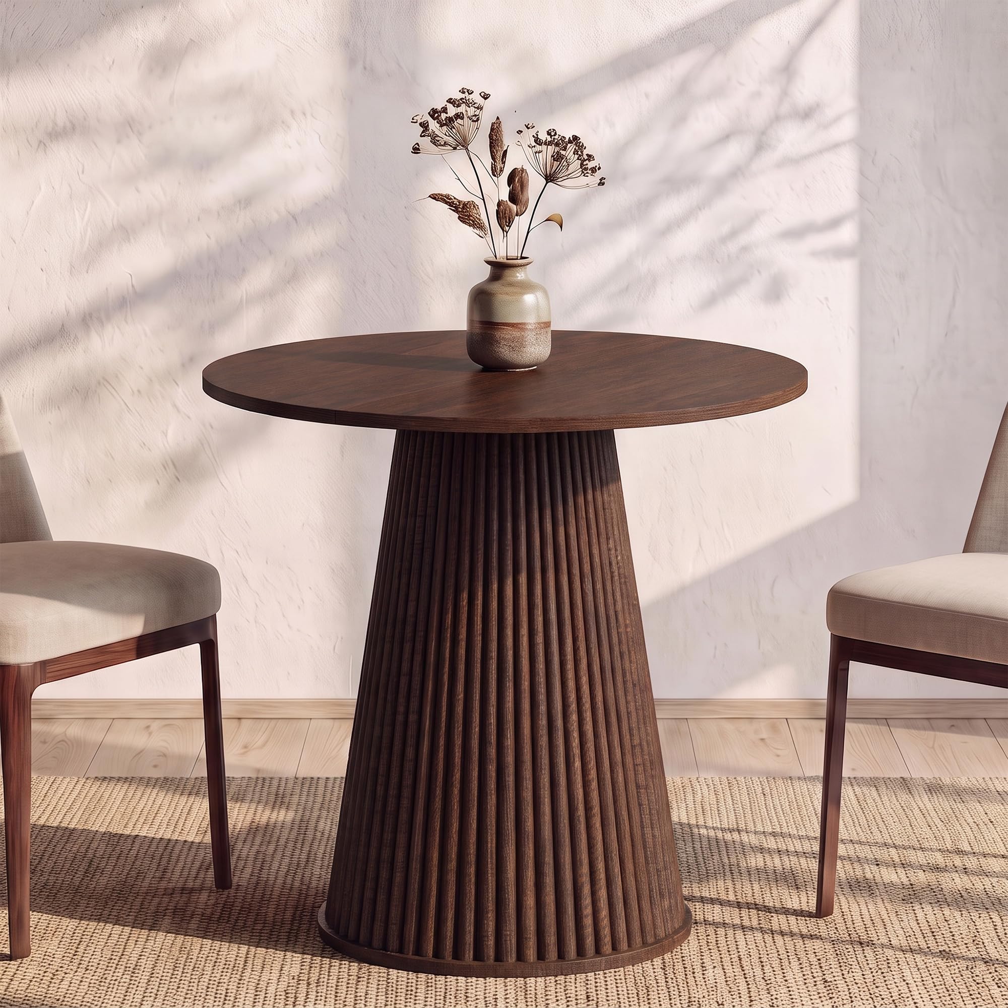 MECHYIN 31.5 inch walnut fluted round dining table with pedestal base