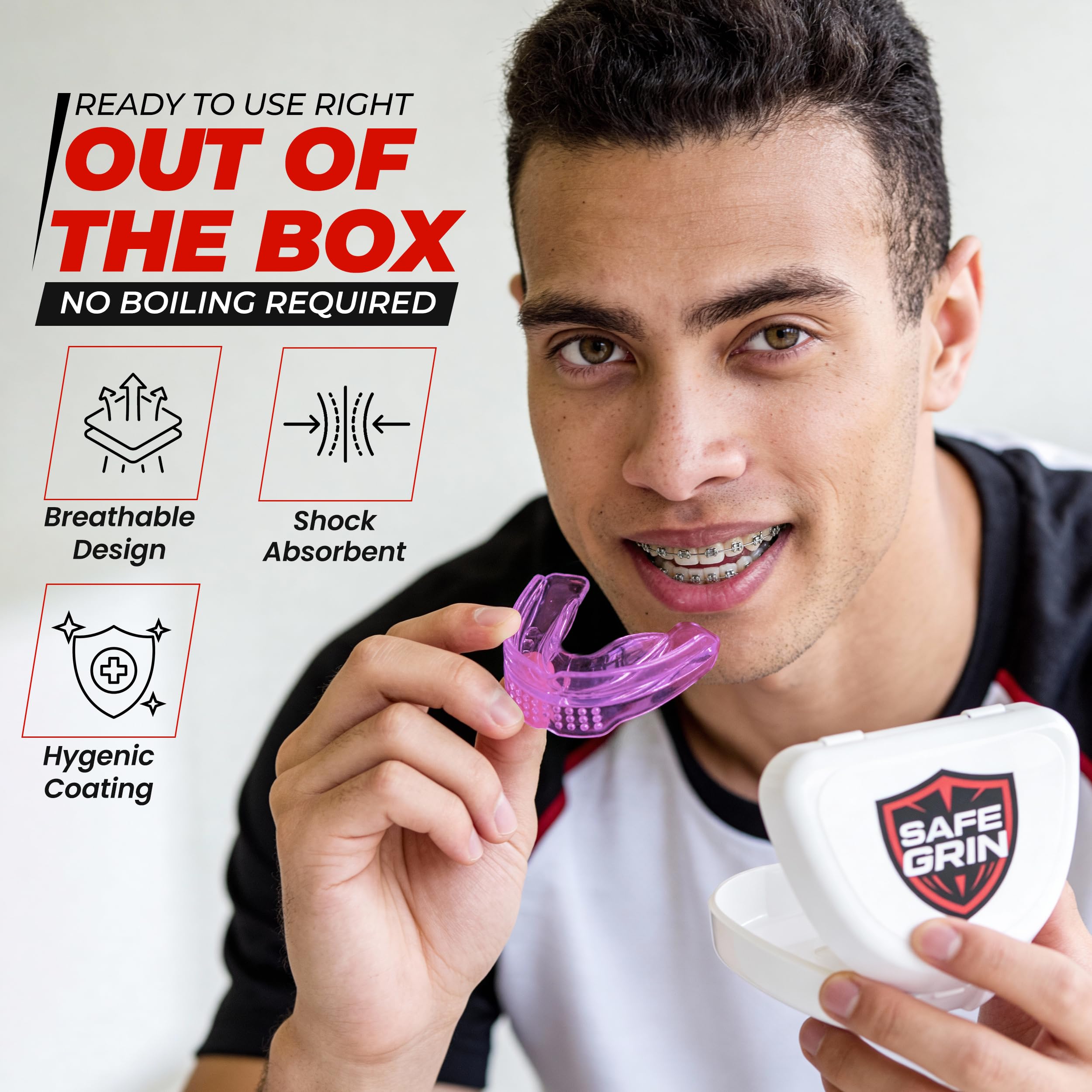 SafeGrin - Protector bucal prémium para aparatos ortopédicos, protección de dientes superiores e inferiores para deportes, fútbol, lacrosse, hockey, béisbol, ajuste cómodo para jóvenes, protector
