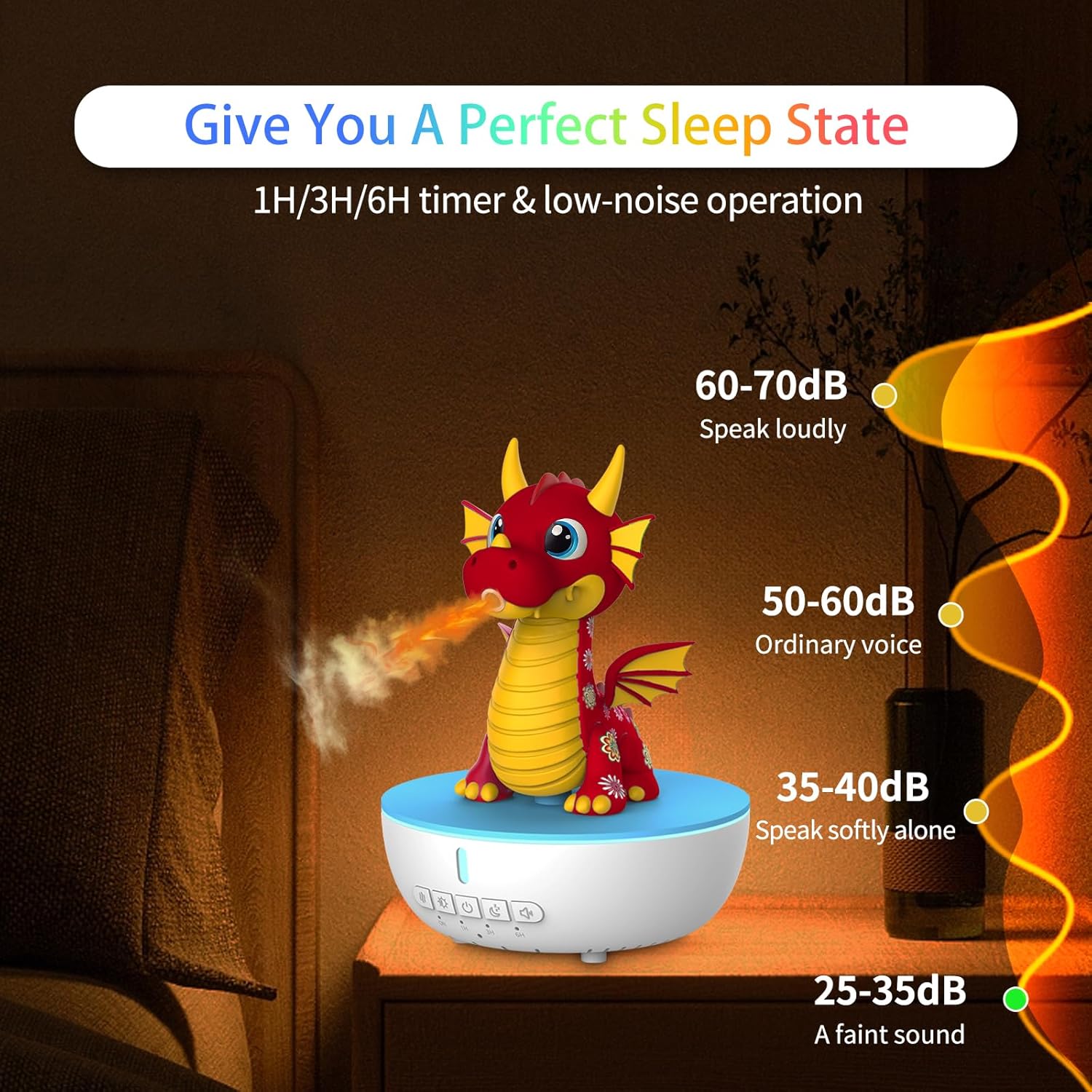 Cute Humidifiers Bedroom for Kids,Small Dragon Design Aromatherapy Diffuser Oil Machine,Essential Oil Diffuser with 10 White Noise Sounds & 1/3/6H Timer & 8 Color LED Lighting (red)