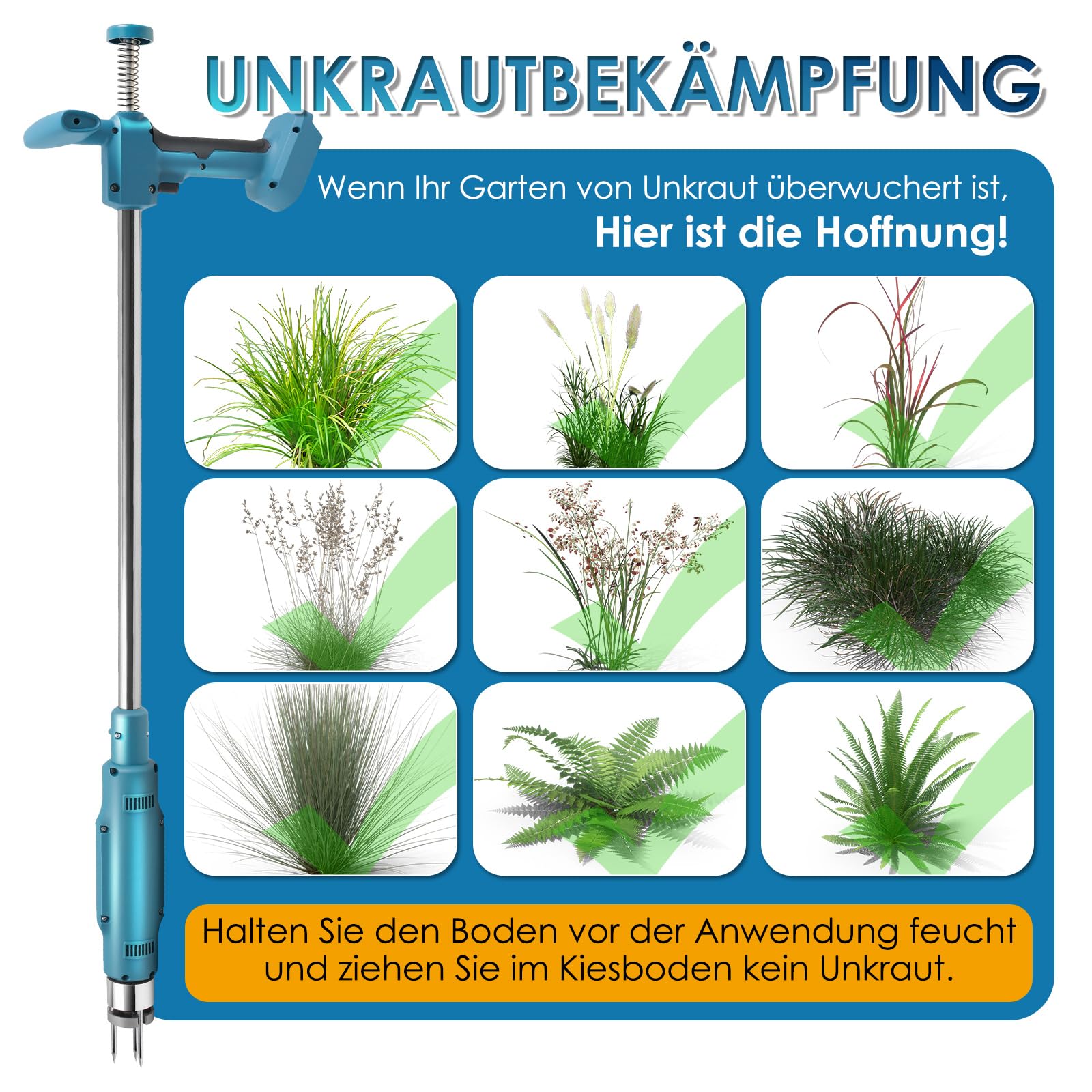 Elektrischer Unkrautstecher für Makita 18V, 100cm Unkrautstecher Löwenzahn mit 3 Stahlkrallen Auswurf-Mechanismus, Unkraut entferner Gerät mit langem Stiel für Garten und Rasen(ohne Akku)