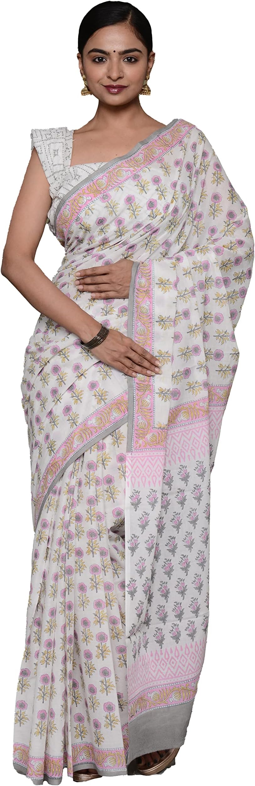 Shivanya HandicraftsHand Block Printed Cotton Mulmul Sarees For Women Attached Blouse Piece | Bagru Print Ajrak Print Cotton Saree For Women 1410, Multicolour