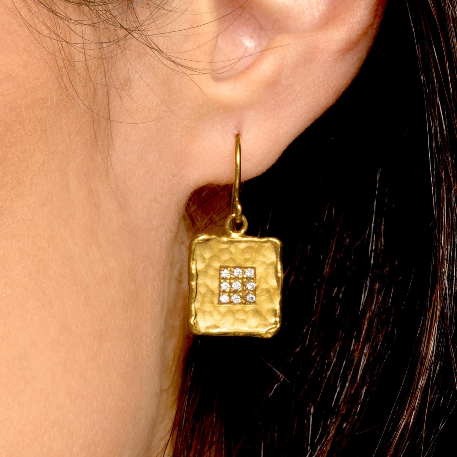JEAN RACHEL JEWELRY 14K Gold Plated Sterling Silver Earrings for Women - Square with Cubic Zirconia Vintage Design - Hypoallergenic, Lead & Nickel Free - Artisan Handcrafted Statement Earrings