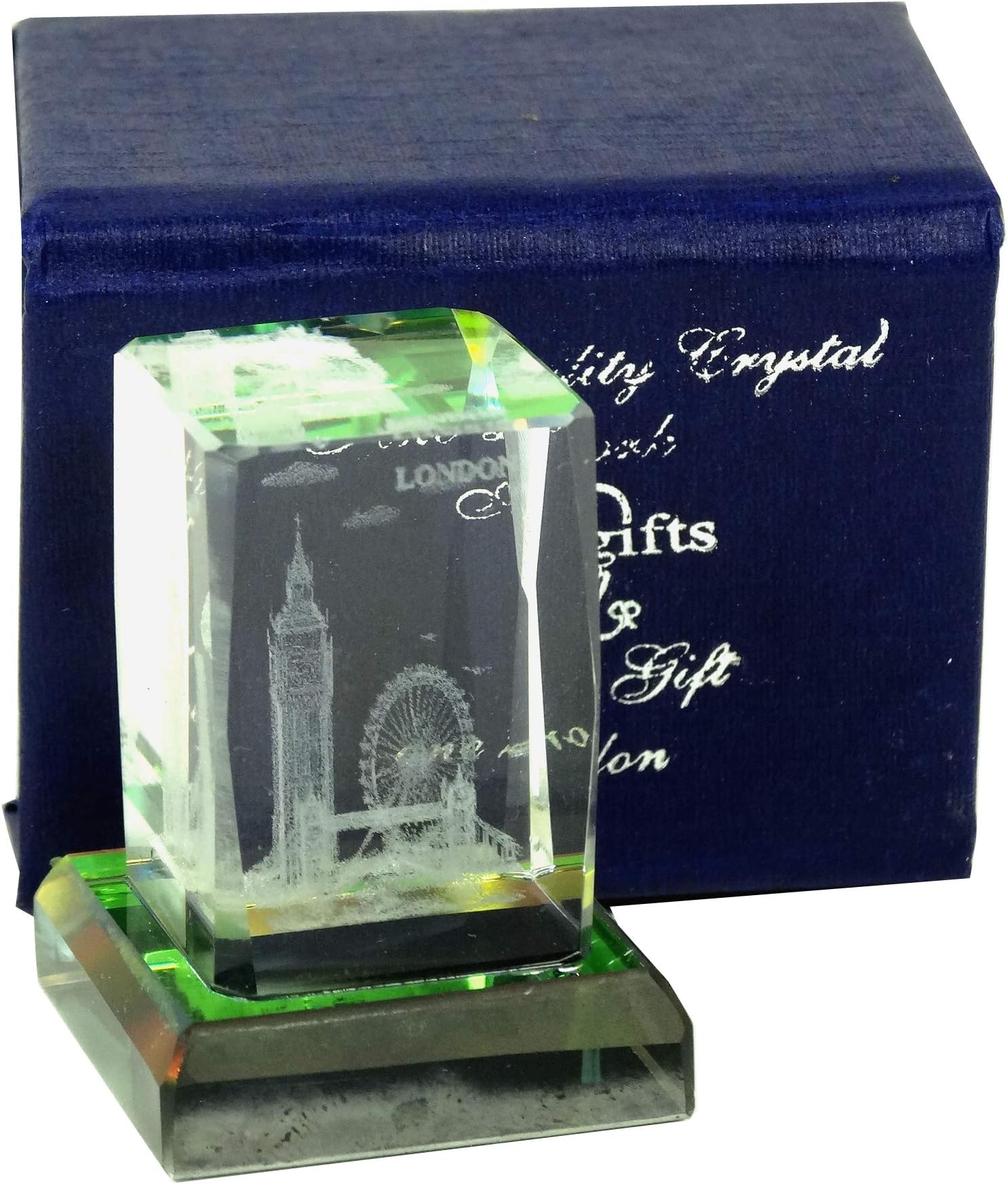 London Souvenir Mini Laser Art Crystal - London Scene Detailing Big Ben, Tower Bridge and London Eye - Vertical with Colour Base