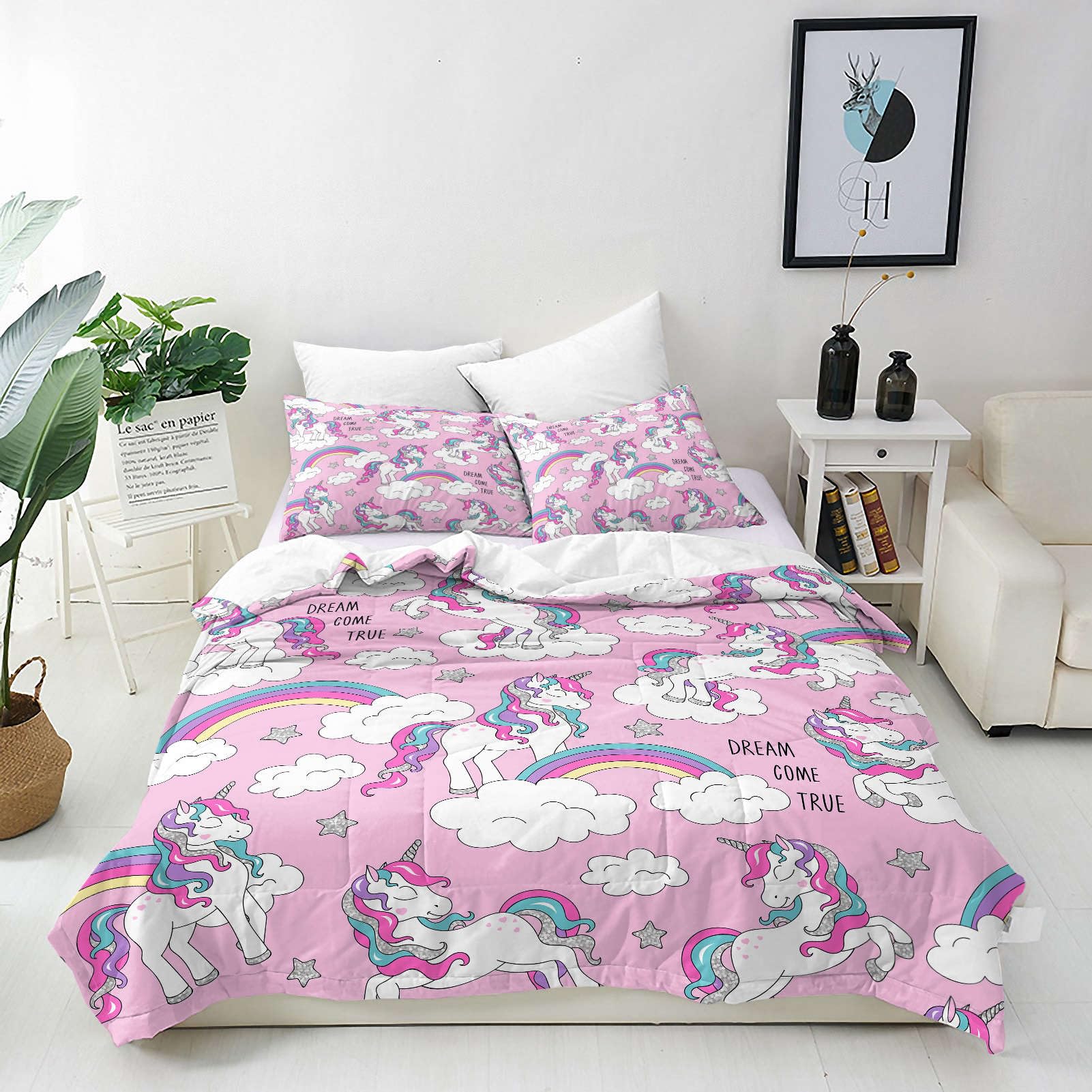 ANHOPE Unicorn Duvet Cover Set Soft Comforter Cover Rainbow Unicorn Cloud Print Pattern 3 Piece Bedding Set including 2 Pillowcases All Season Quilt Cover with Zipper for Kids Girls Single