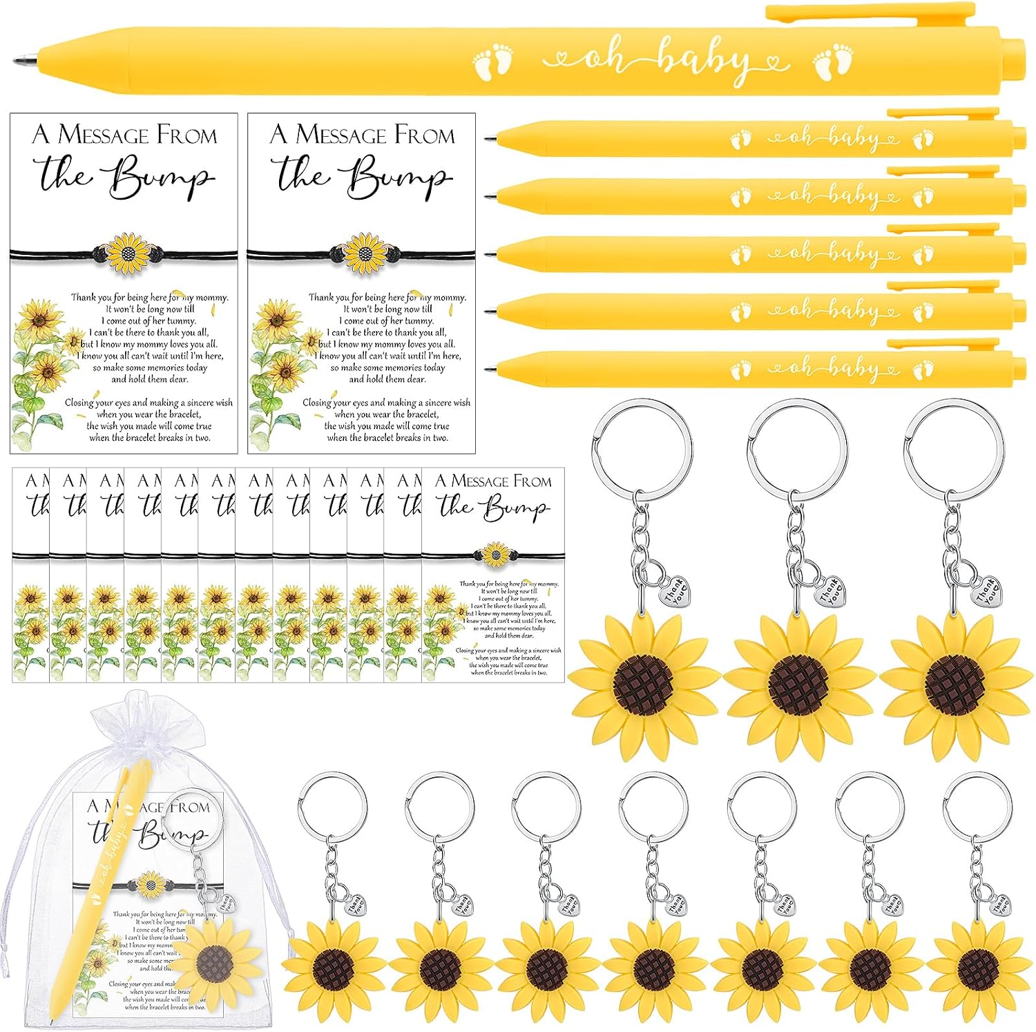 Remuuly 25 Set Sunflower Baby Shower Return Gift Favors for Guests, 25 Sunflower Thank You Keychains 25 Wish Cards 25 Sunflower Bracelets 25 Ballpoint Pen Organza Bag for Baby Shower