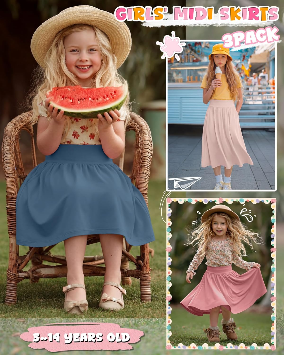 Xaatren 3 Pack Girls' Knee Length Skirts 5-14 Years Teen Midi Pockets High Waist Kids Casual Flowy Swing A Line Summer Skirts
