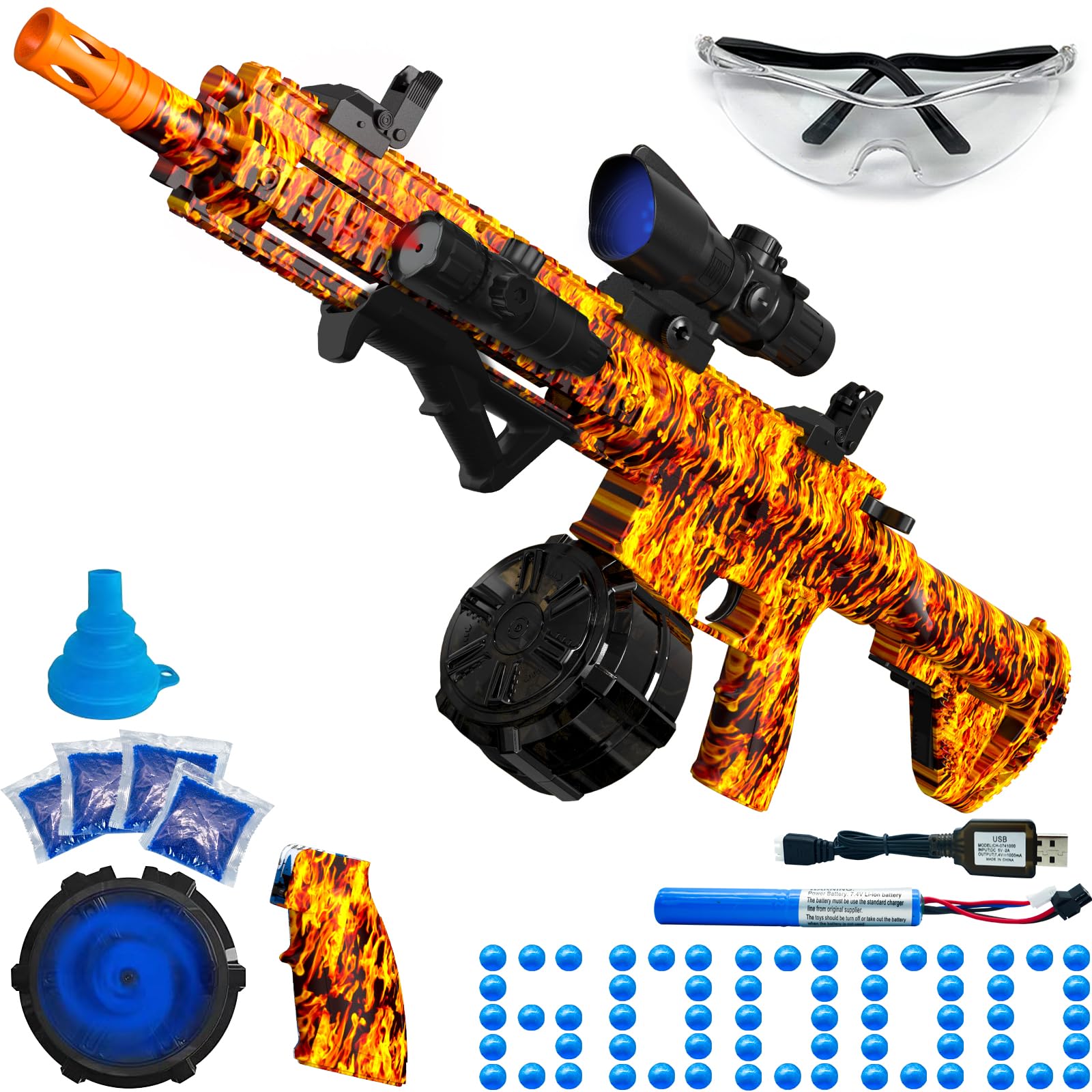 Electric Gel Ball Blaster, High Speed Automatic Splatter Ball Blaster with 60000+ and Goggles, JIFTOK Rechargeable Splatter Ball Toys for Outdoor Activities Shooting Game-Fire