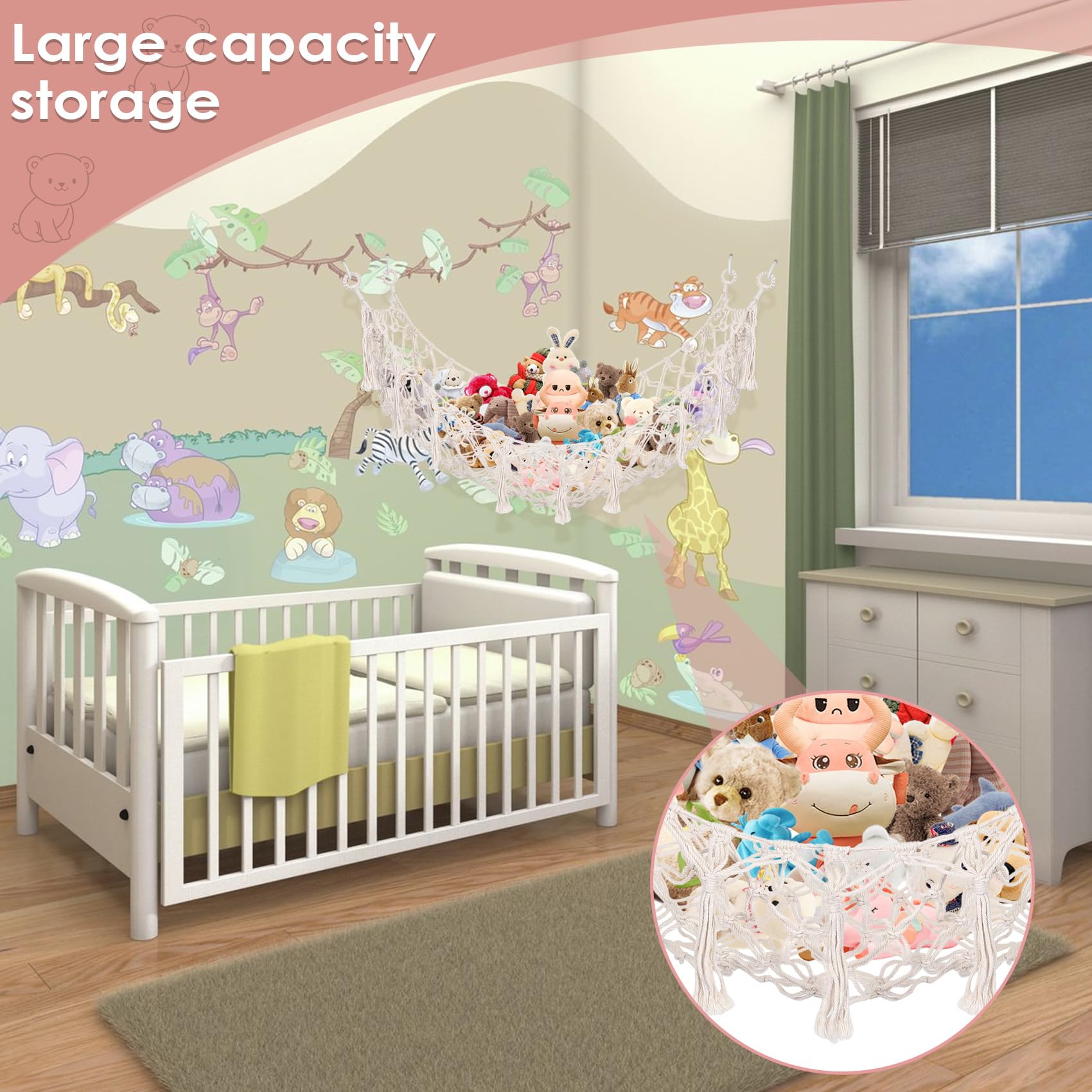 Hamac Carré en Macramé Bohème pour Animaux en Peluche, Filet de Rangement Mural en Coton, Blanc