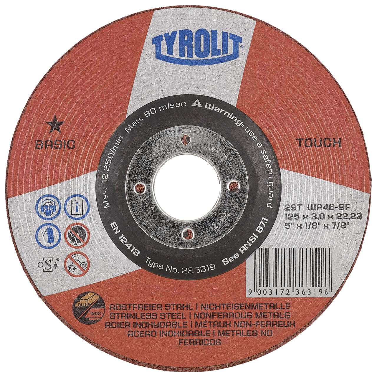 25x Tyrolit Schleifscheibe TOUCH 125x3x22,23 mm WA46R BASIC Inox/Aluminium