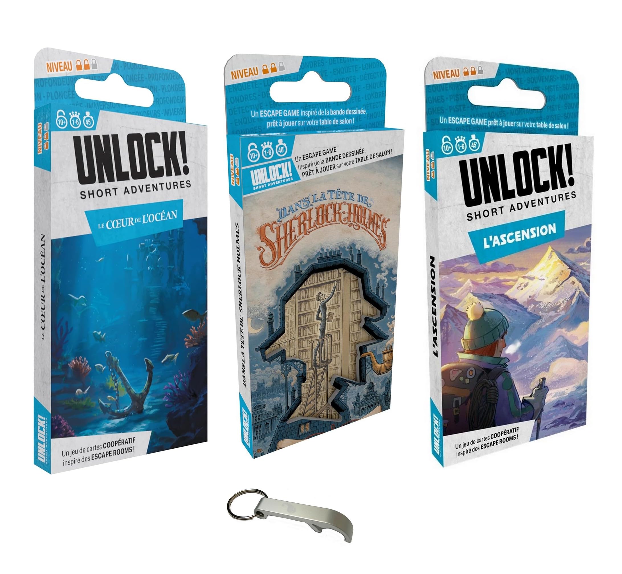 Zestaw 3 Unlock Short Adventures The Ascension + Serce Oceanu + w głowie Sherlocka Holmesa + 1 otwieracz do butelek - gra planszowa - od 1 do 6 graczy - 30 minut