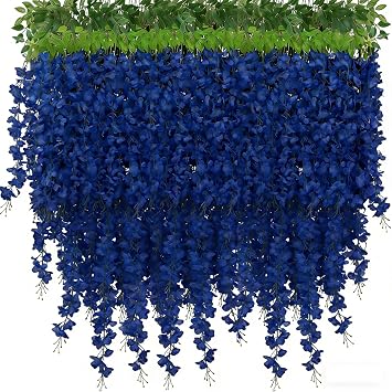 HUAHUA Artificial Wisteria Flowers, White Dense Artificial Fake Wisteria Vine Ratta Hanging Garland Silk Flowers String for Home Party Wedding Decor 24pcs Sapphire Blue